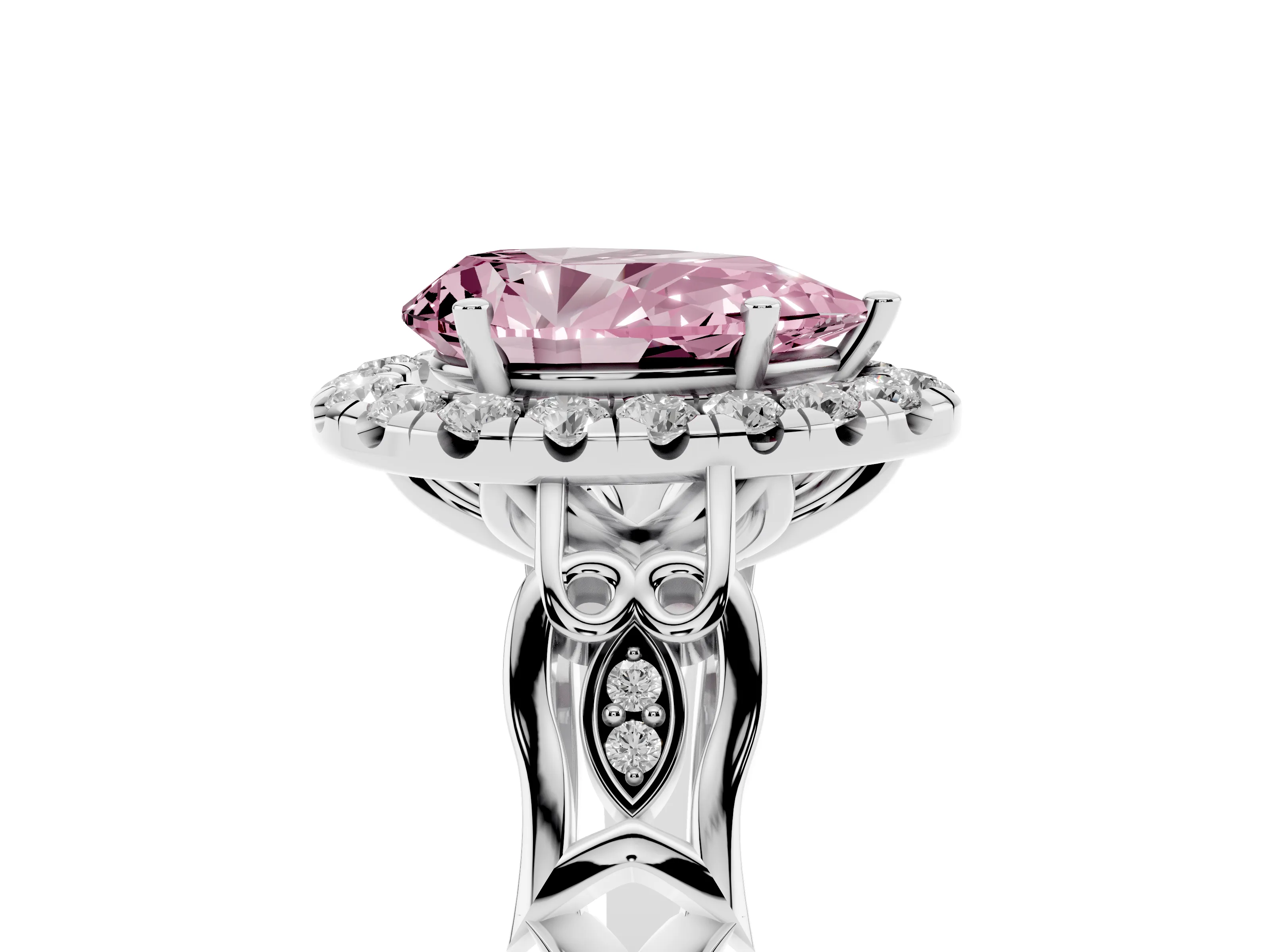 Fancy Pink Pear Cut Diamond Halo Engagement Ring Set in Platinum with Filigree Band and Prong-Set Center