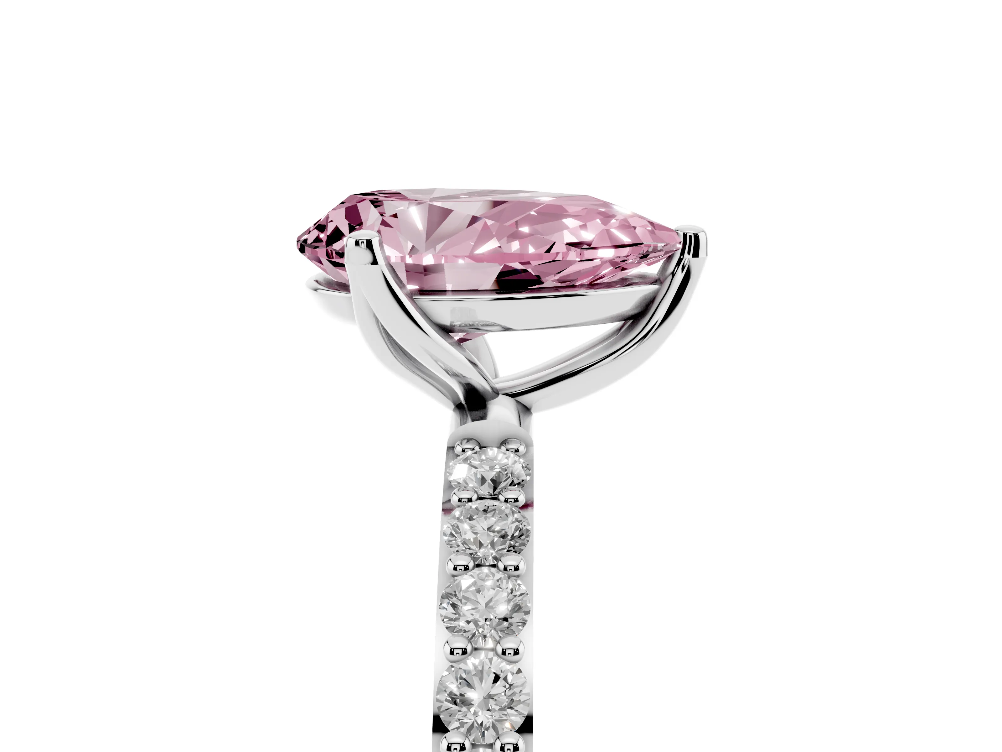 Fancy Pink Pear Cut Diamond Solitaire Engagement Ring Set in Silver with Round Pavé Band and Prong Setting