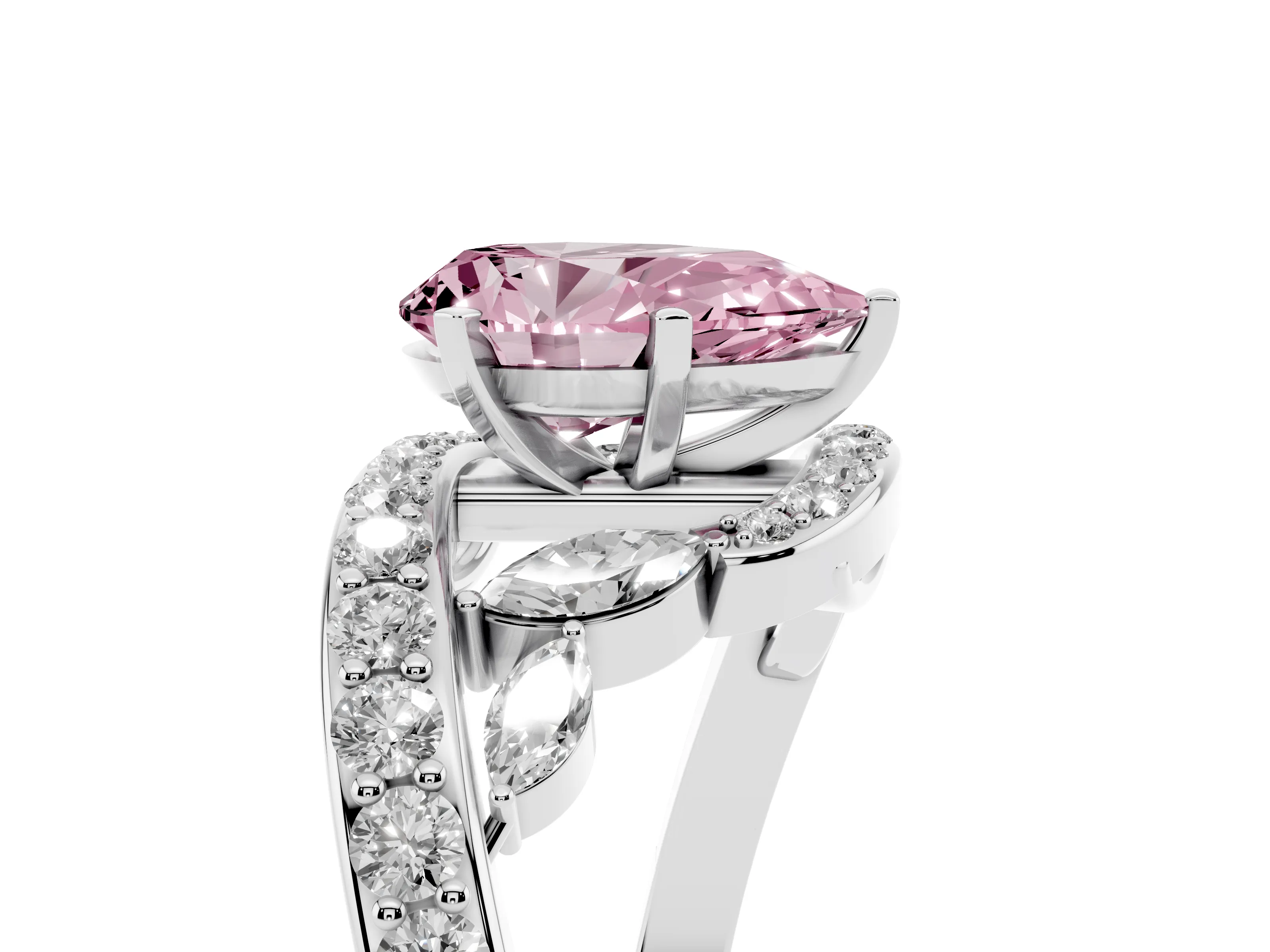 Fancy Pink Pear Cut Diamond Solitaire Ring Set in Platinum with Pavé Twist Band and Secure Prong Setting