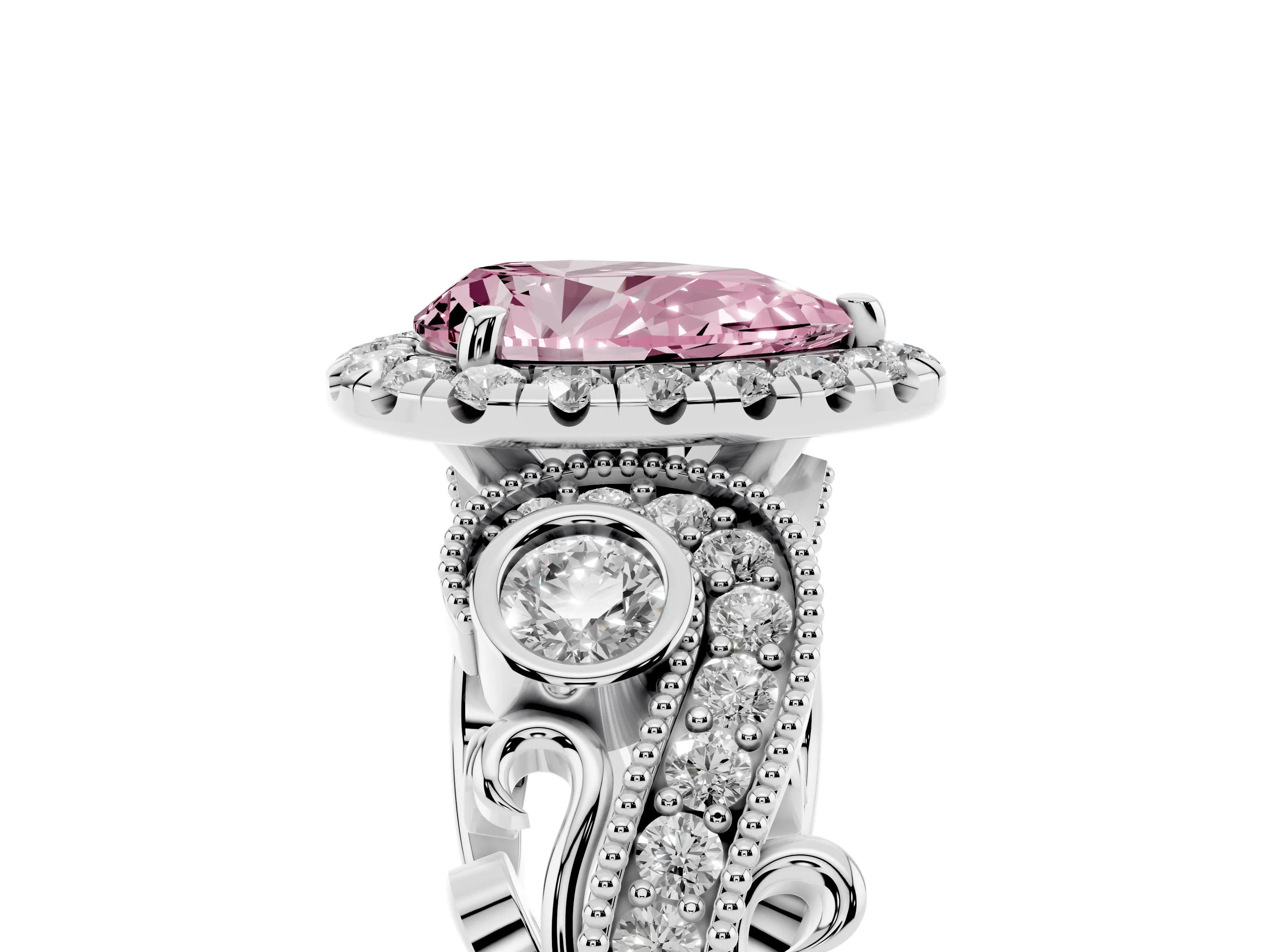 Fancy Pink Pear Cut Diamond Halo Ring Set in Silver with Milgrain Pavé Band and Prong Setting
