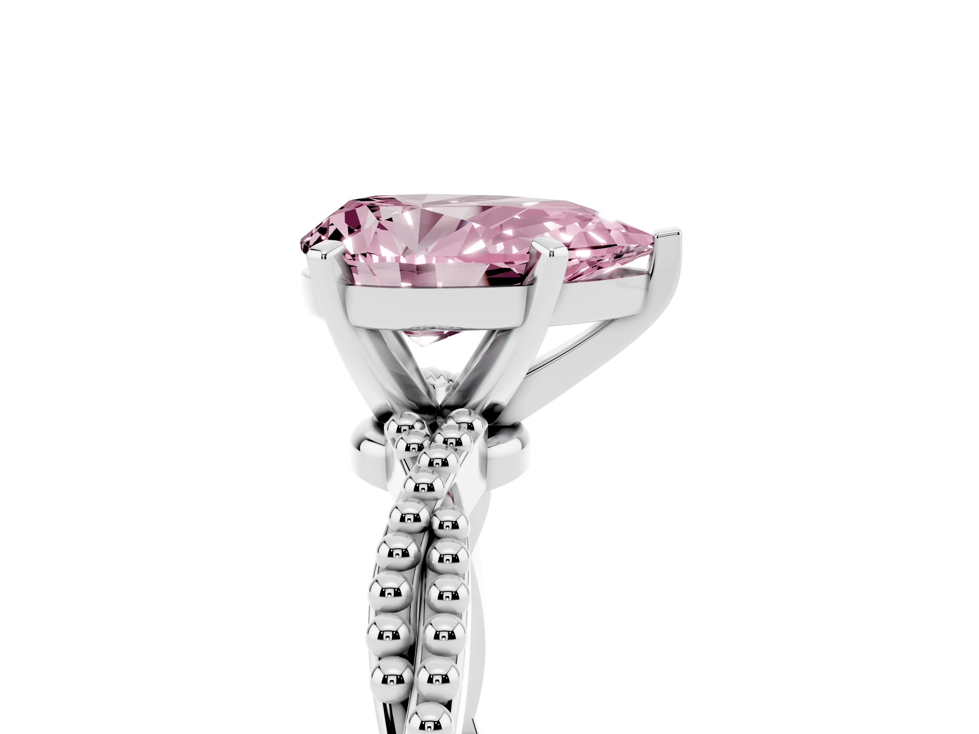 Fancy Pink Pear Cut Diamond Solitaire Ring Set in Silver with Twisted Band and Bead Prong Setting