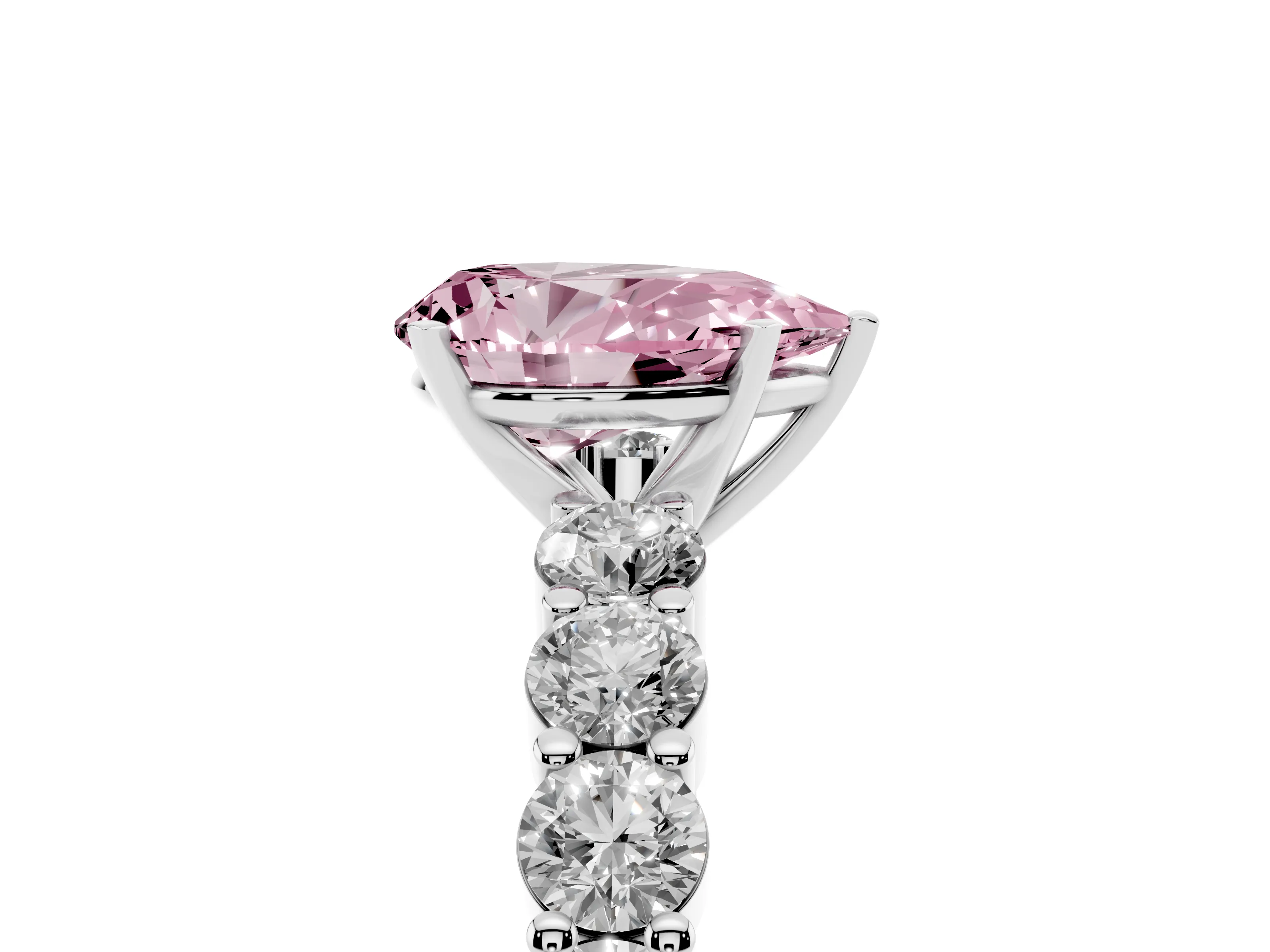 Fancy Pink Pear Cut Diamond Solitaire Ring Set in Silver with Shared Prong Round Side Stones