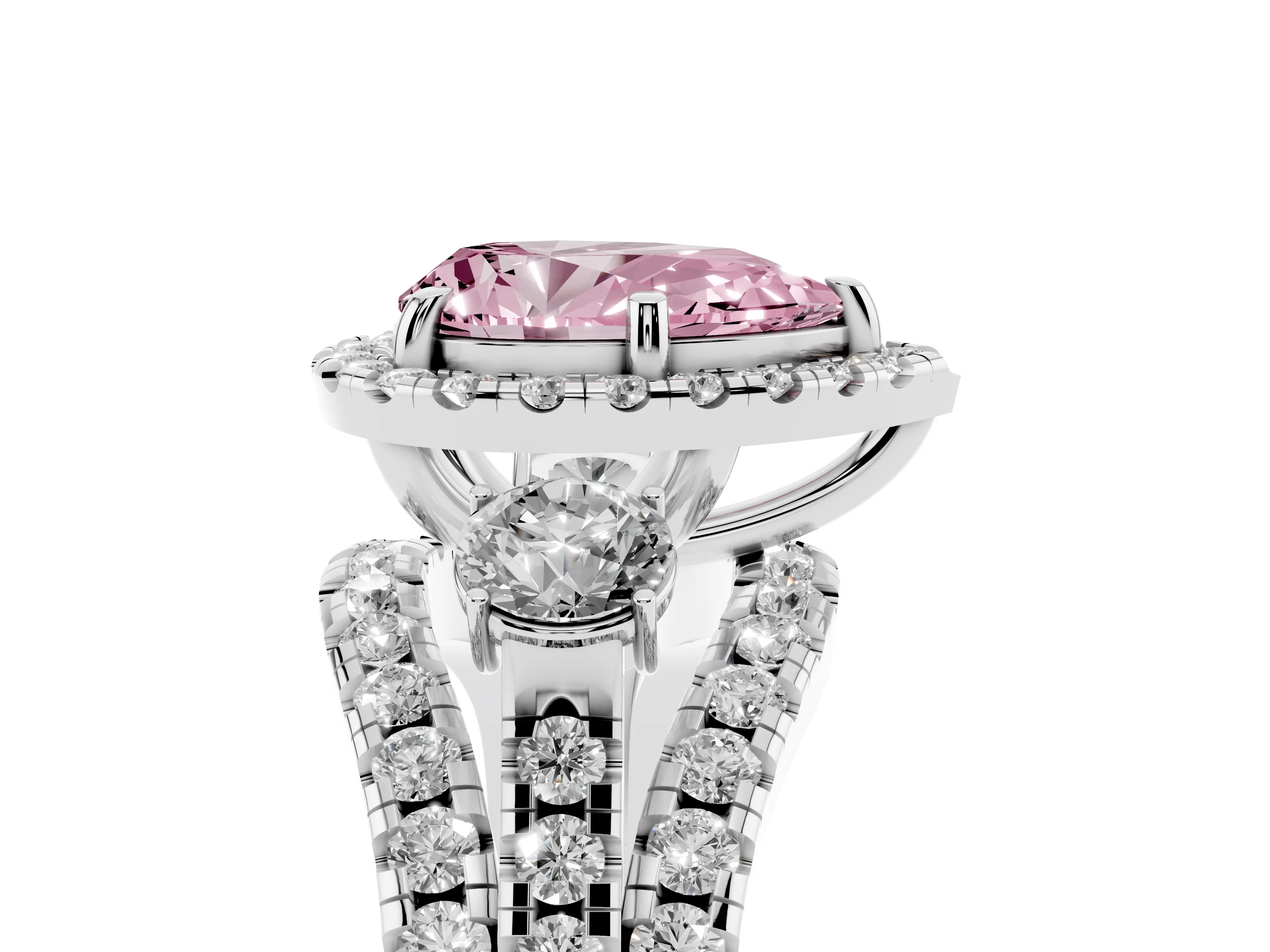 Fancy Pink Pear Cut Diamond Halo Split Shank Ring Set in White gold with Round Accent Stones and Prong Setting