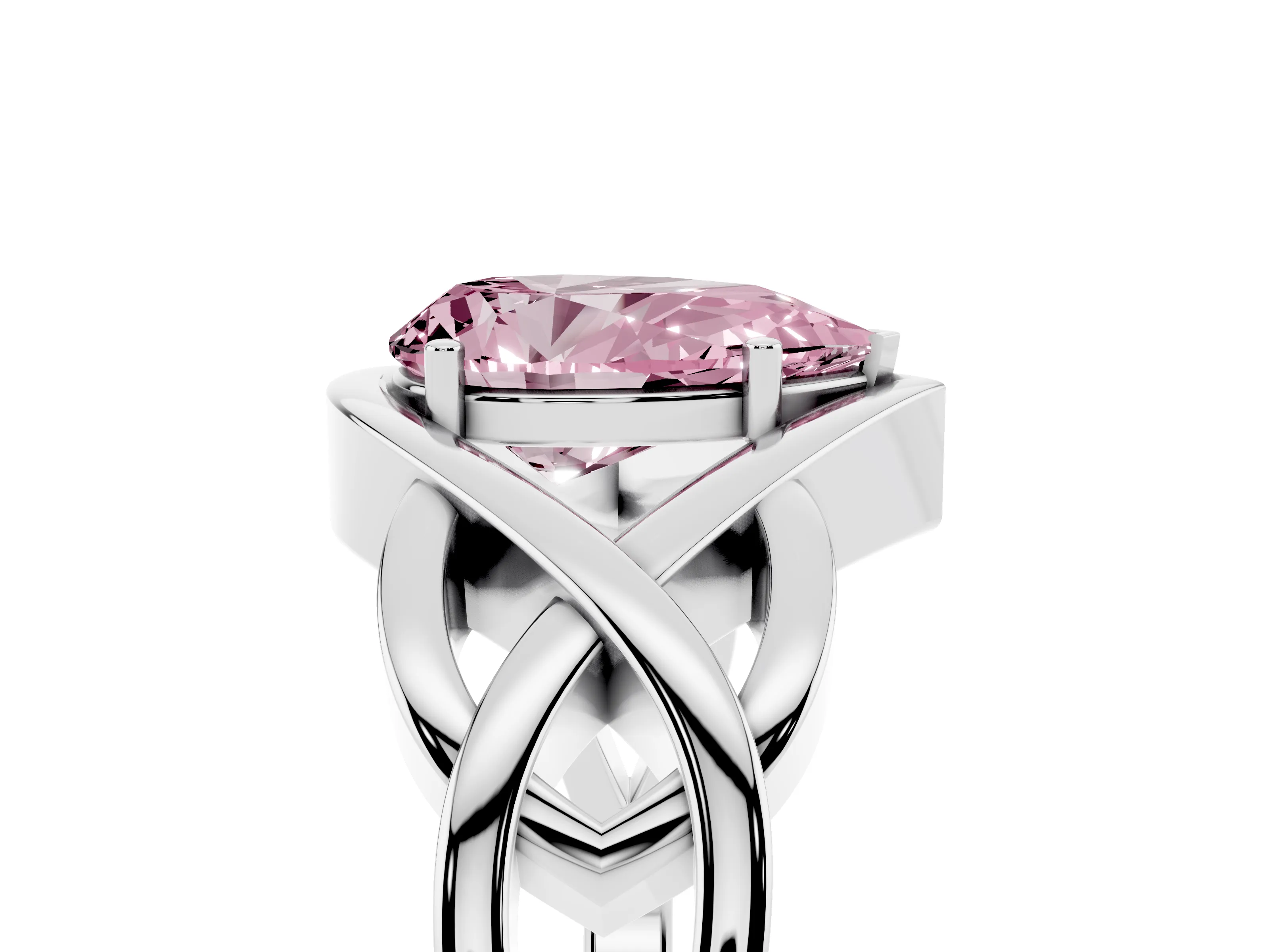 Fancy Pink Pear Cut Diamond Solitaire Ring Set in Platinum with Intertwined Band