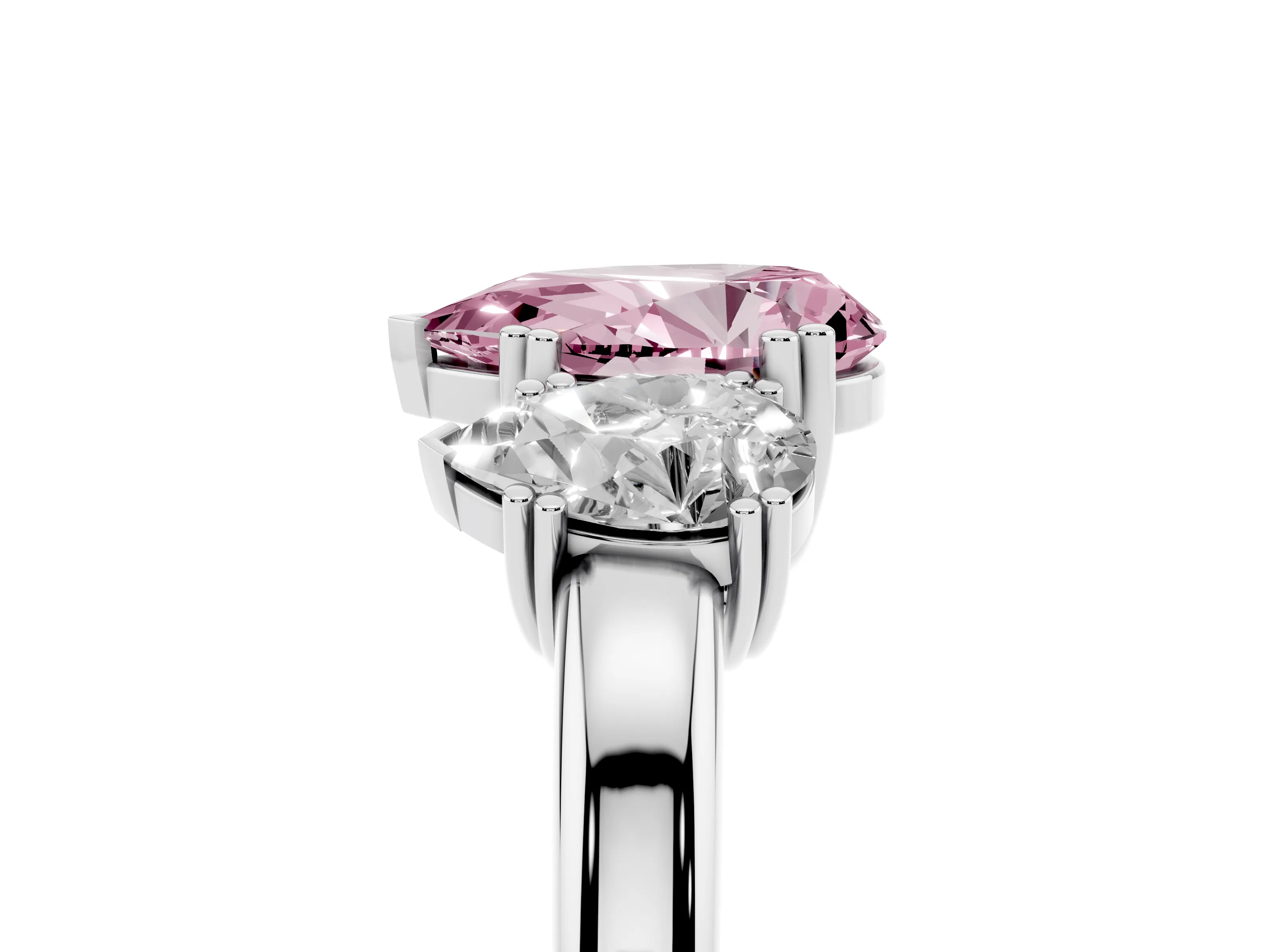 Fancy Pink Pear Cut Diamond Three-Stone Ring Set in White gold with Polished Channel-Set Band