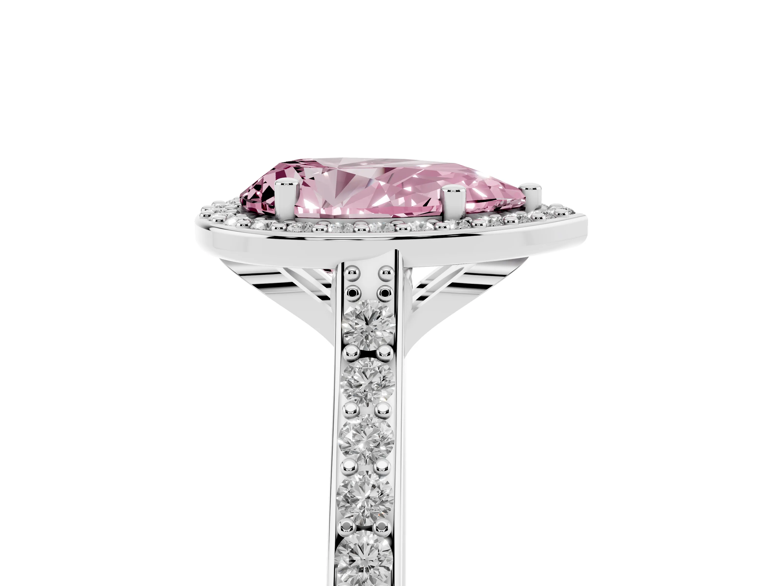 Fancy Pink Pear Cut Diamond Halo Engagement Ring Set in White gold with Round Pavé Shoulders and Heart Gallery