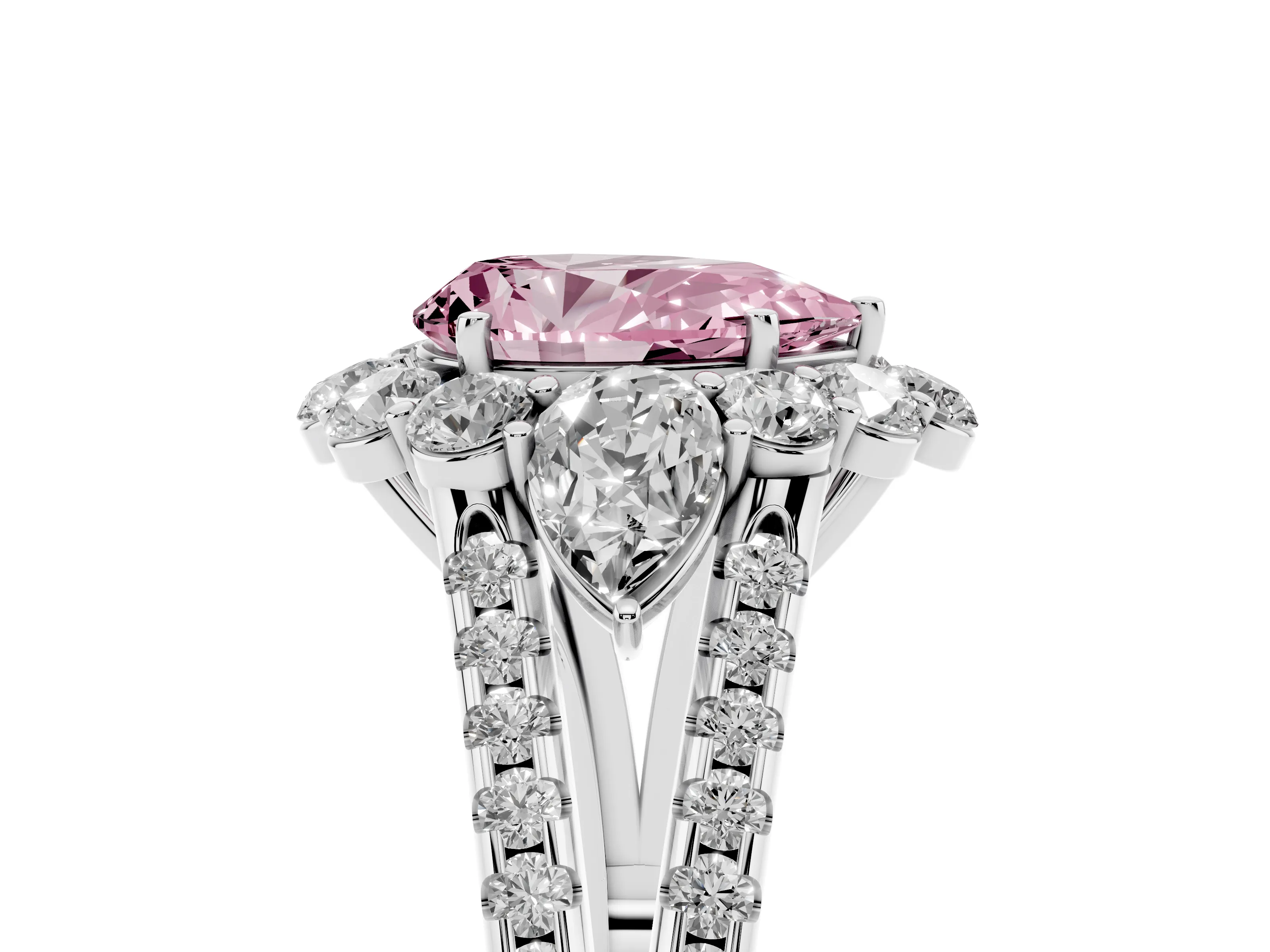 Fancy Pink Pear Cut Diamond Halo Split Shank Engagement Ring Set in Silver with Prong-Held Center Stone