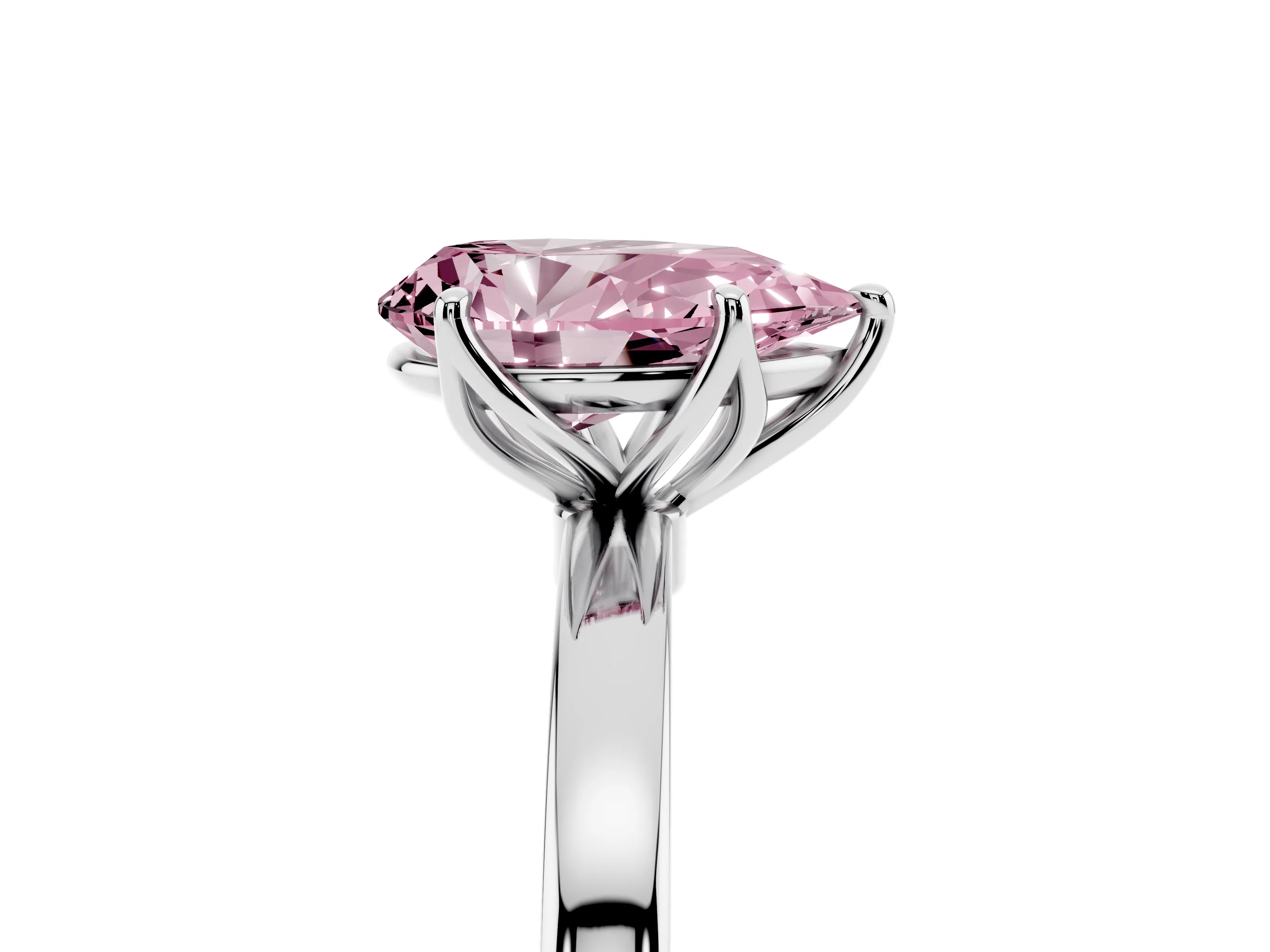 Fancy Pink Pear Cut Diamond Solitaire Ring Set in Platinum with Prong Setting and Thin Polished Band