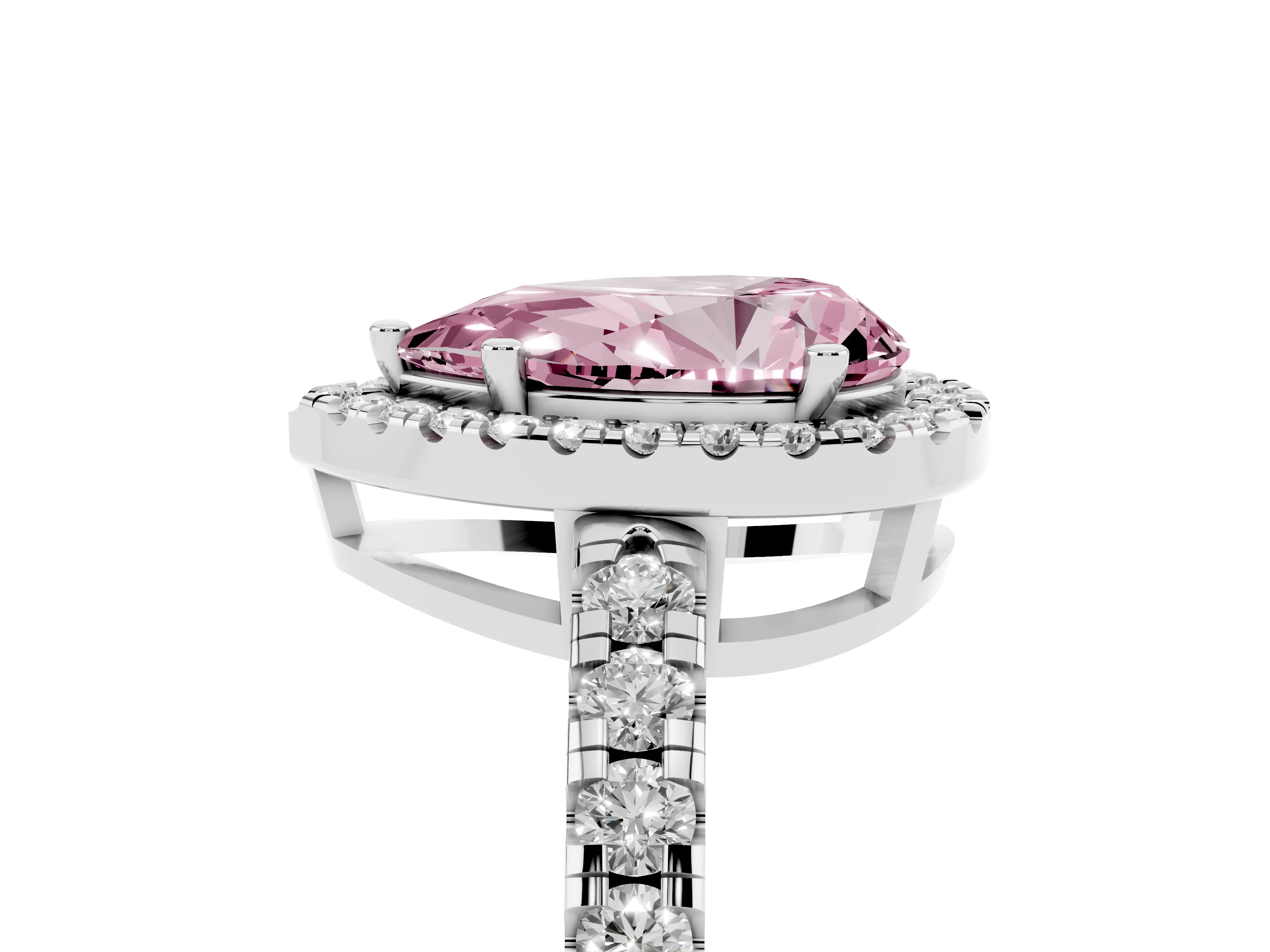 Fancy Pink Pear Cut Diamond Halo Ring Set in White gold with Delicate Pavé Band and Prong Setting