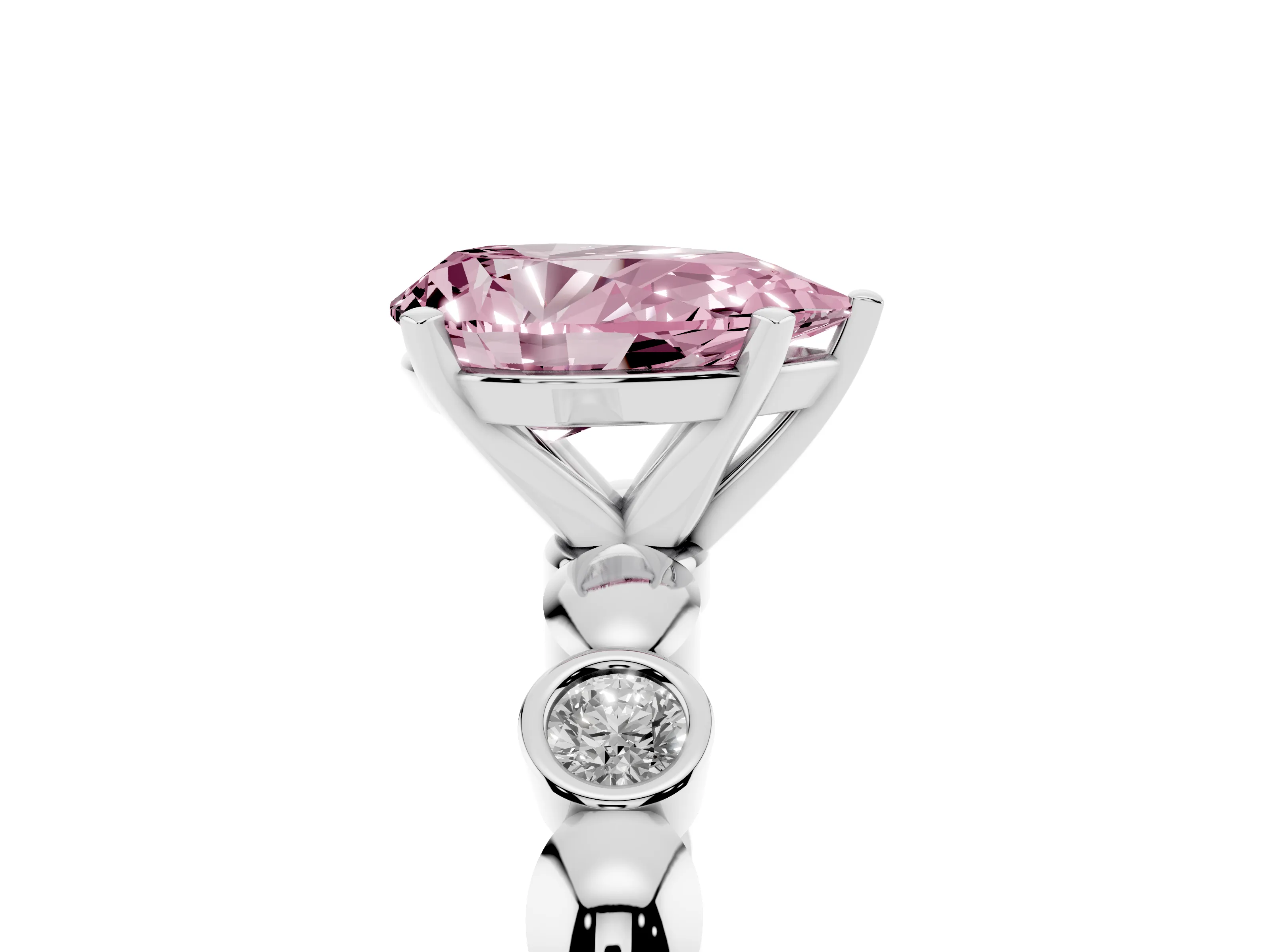 Fancy Pink Pear Cut Diamond Solitaire Ring Set in Silver with Bezel-Set Accents on Beaded Band and Prong Setting