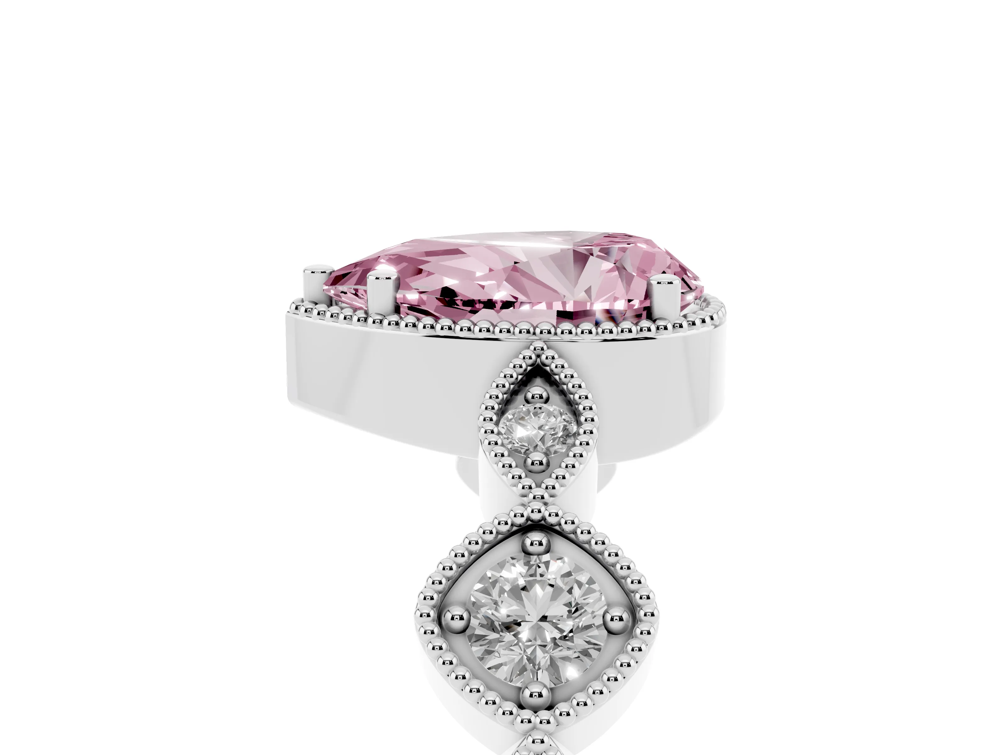 Fancy Pink Pear Cut Diamond Vintage-Inspired Milgrain Ring Set in Silver with Marquise Stations of Round Accents