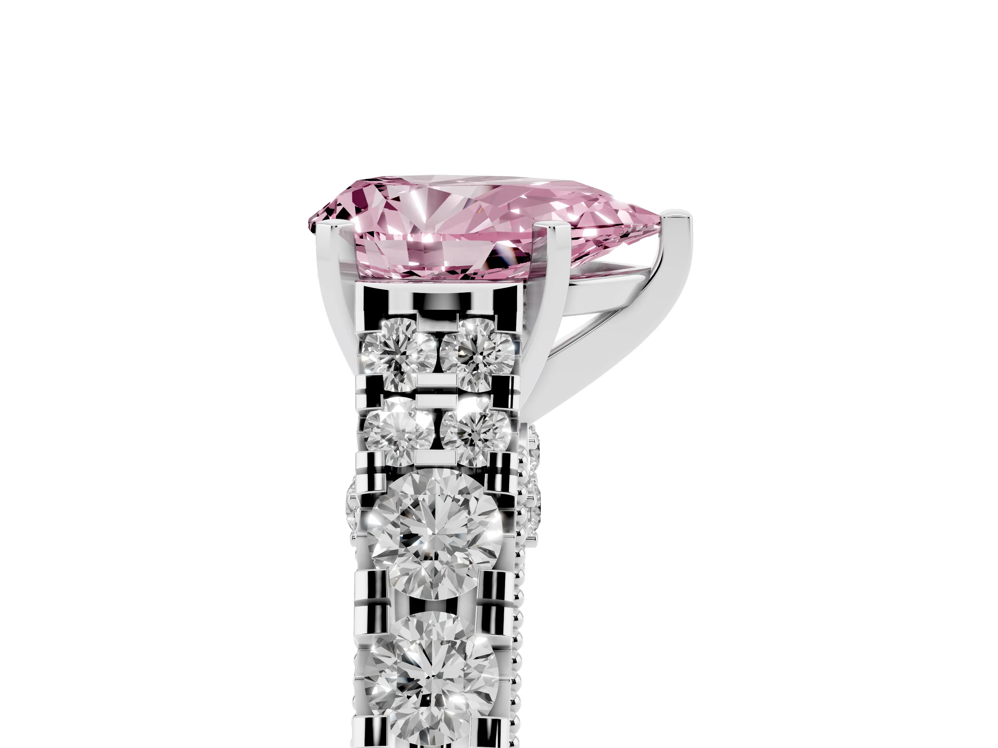 Fancy Pink Pear Cut Diamond Classic Solitaire Ring Set in Platinum with Pavé Band and Prong Setting