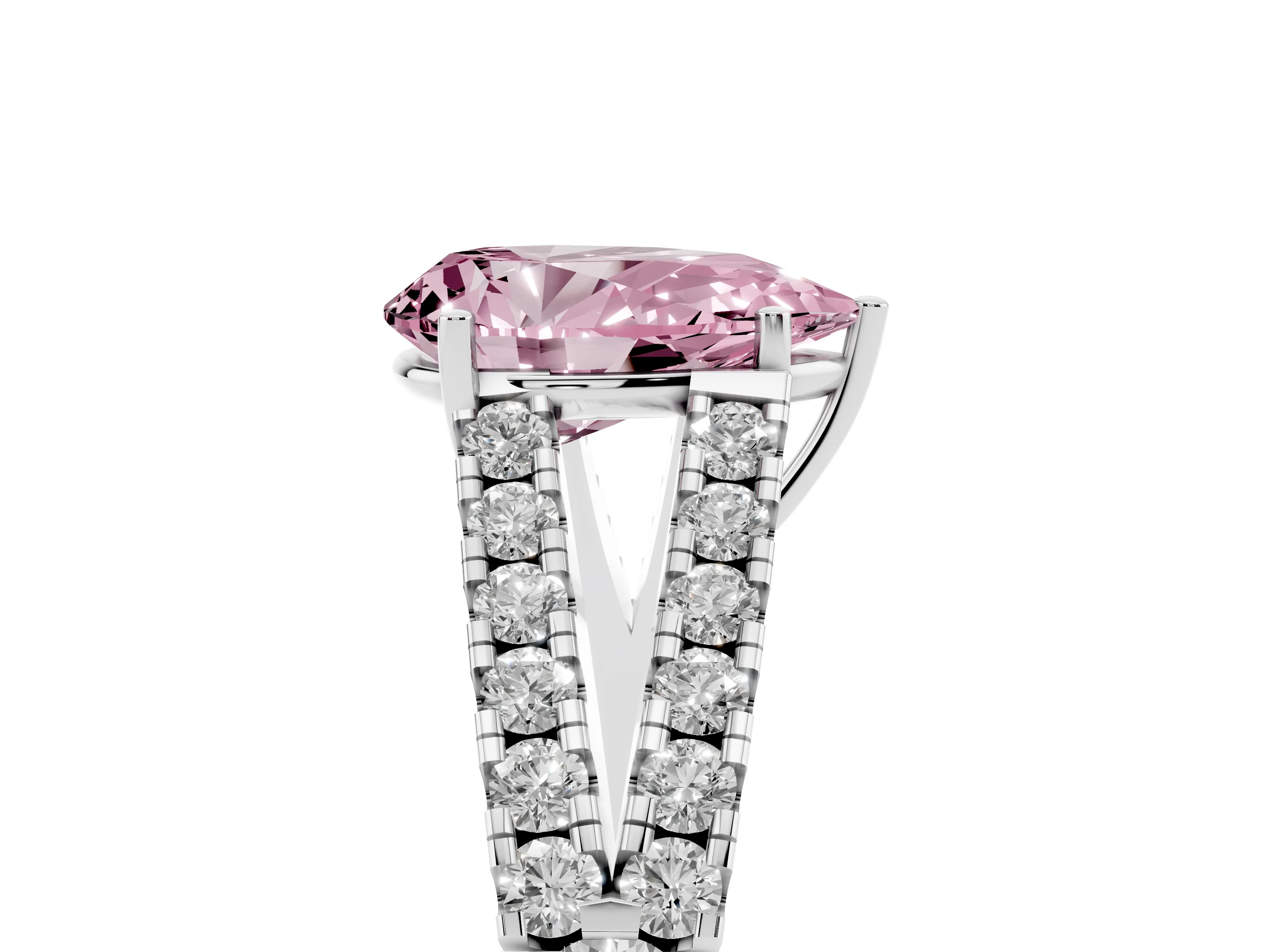 Fancy Pink Pear Cut Diamond Split Shank Pavé Engagement Ring Set in Platinum with Prong-Held Center Stone