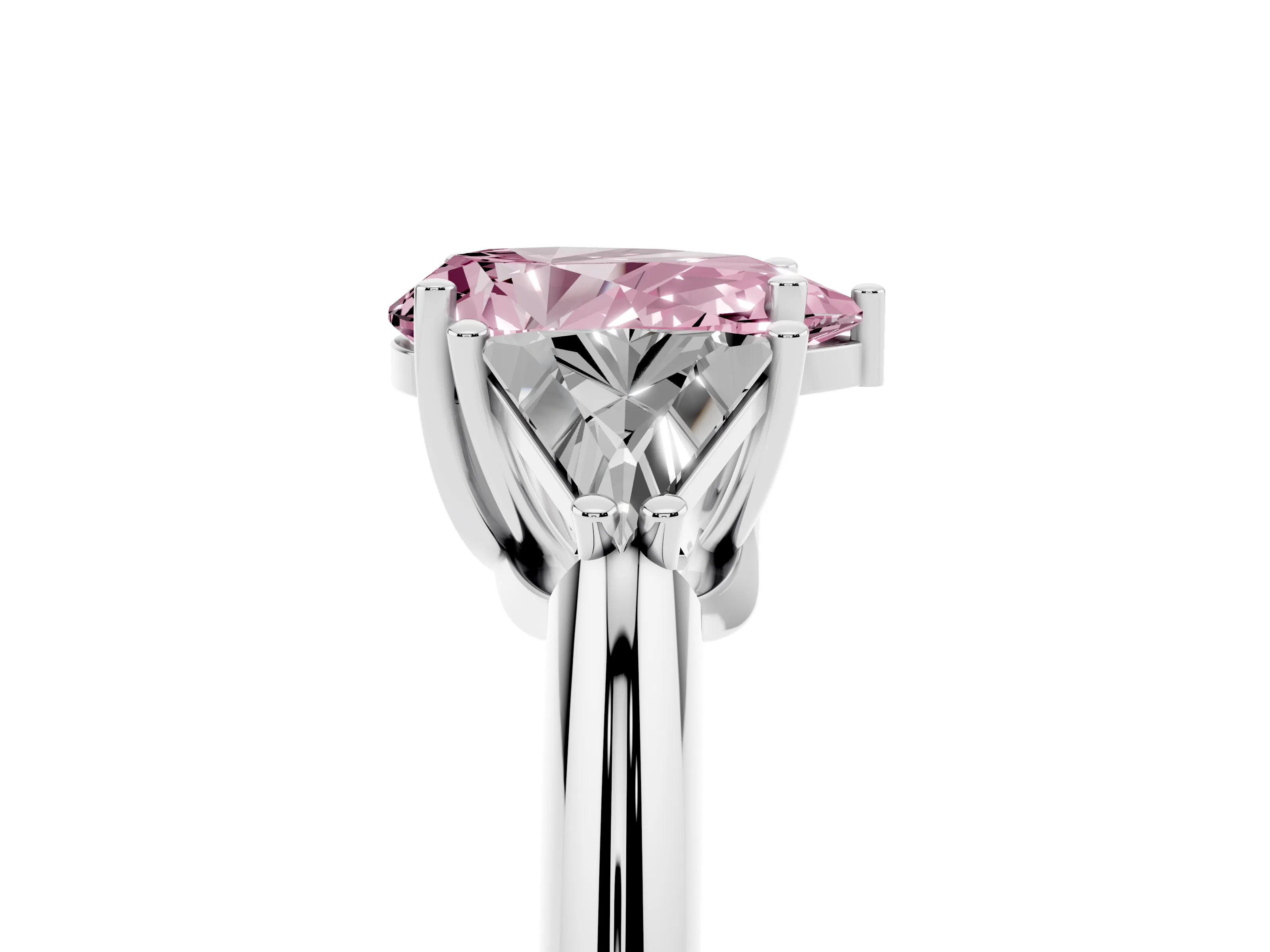 Fancy Pink Pear Cut Diamond Three-Stone Engagement Ring Set in Platinum with Trillion Side Stones
