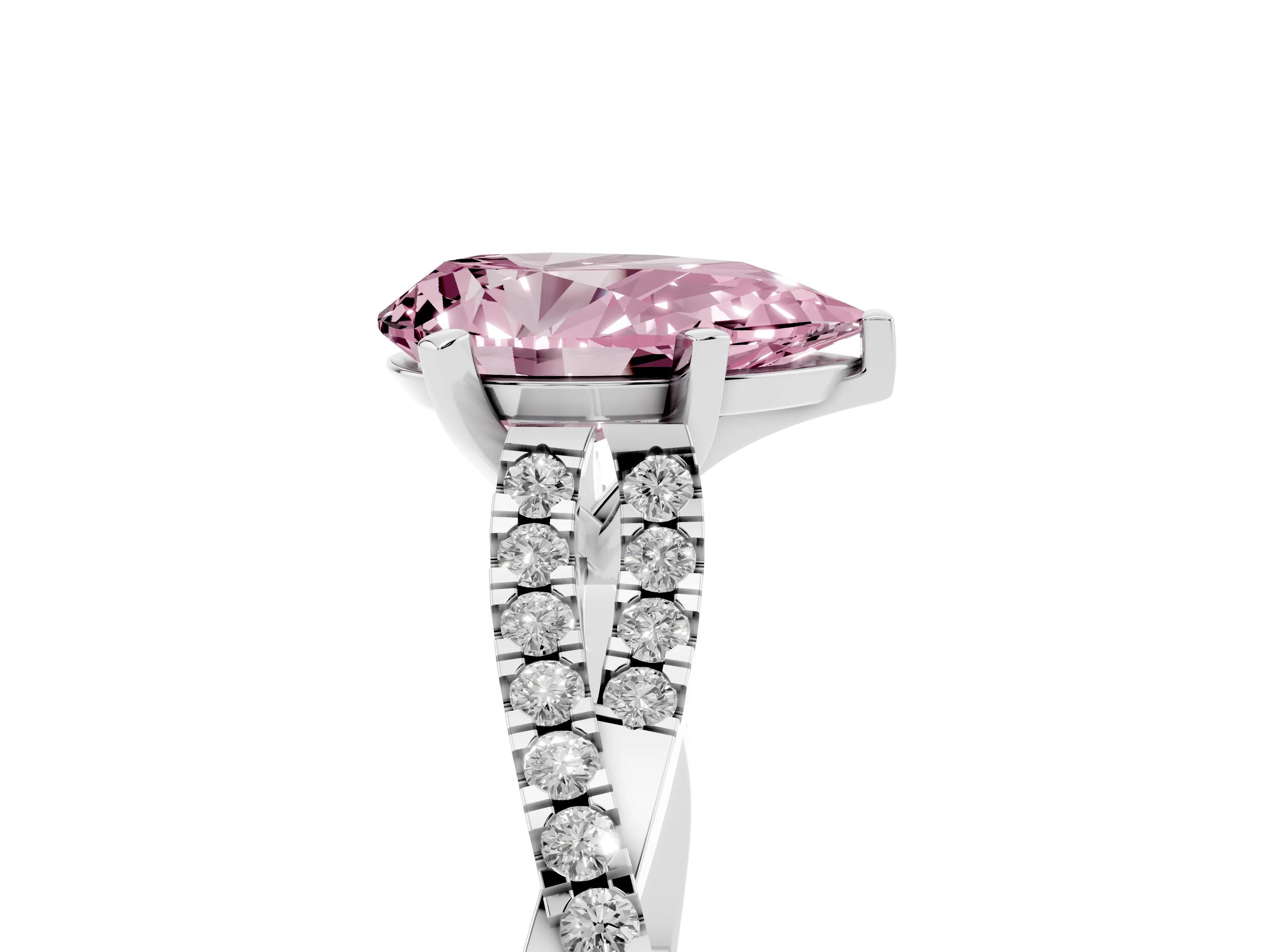 Fancy Pink Pear Cut Diamond Solitaire Engagement Ring Set in White gold with Twisted Pavé Band and Prong Setting