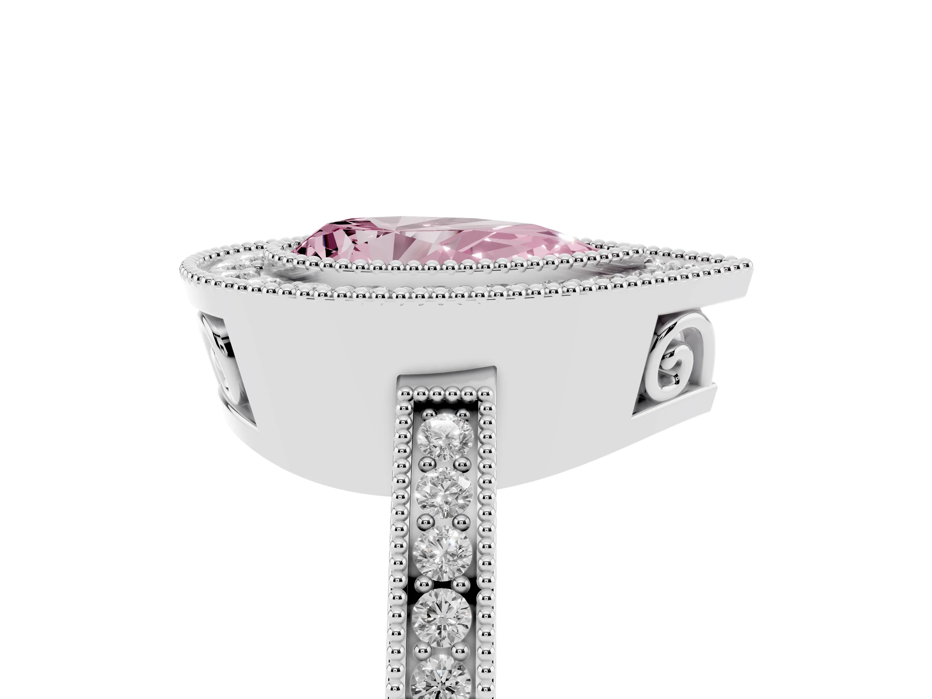 Fancy Pink Pear Cut Diamond Halo Ring Set in Platinum with Pavé Band and Milgrain-Edged Prongs