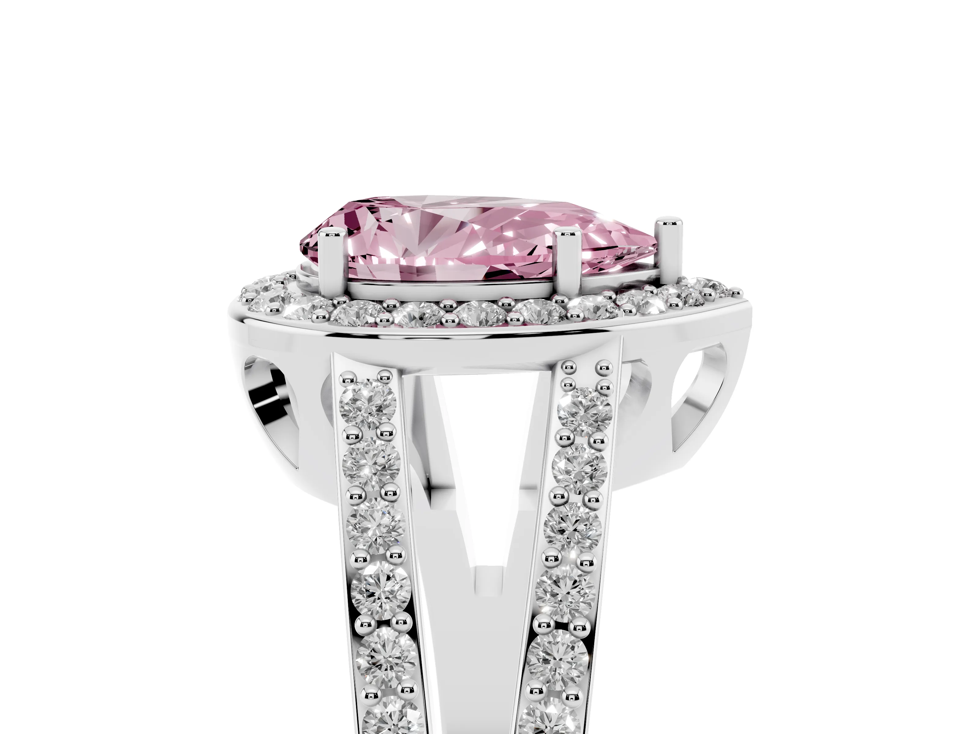 Fancy Pink Pear Cut Diamond Halo Ring Set in Silver with U-Prong Split Shank and Prong Setting
