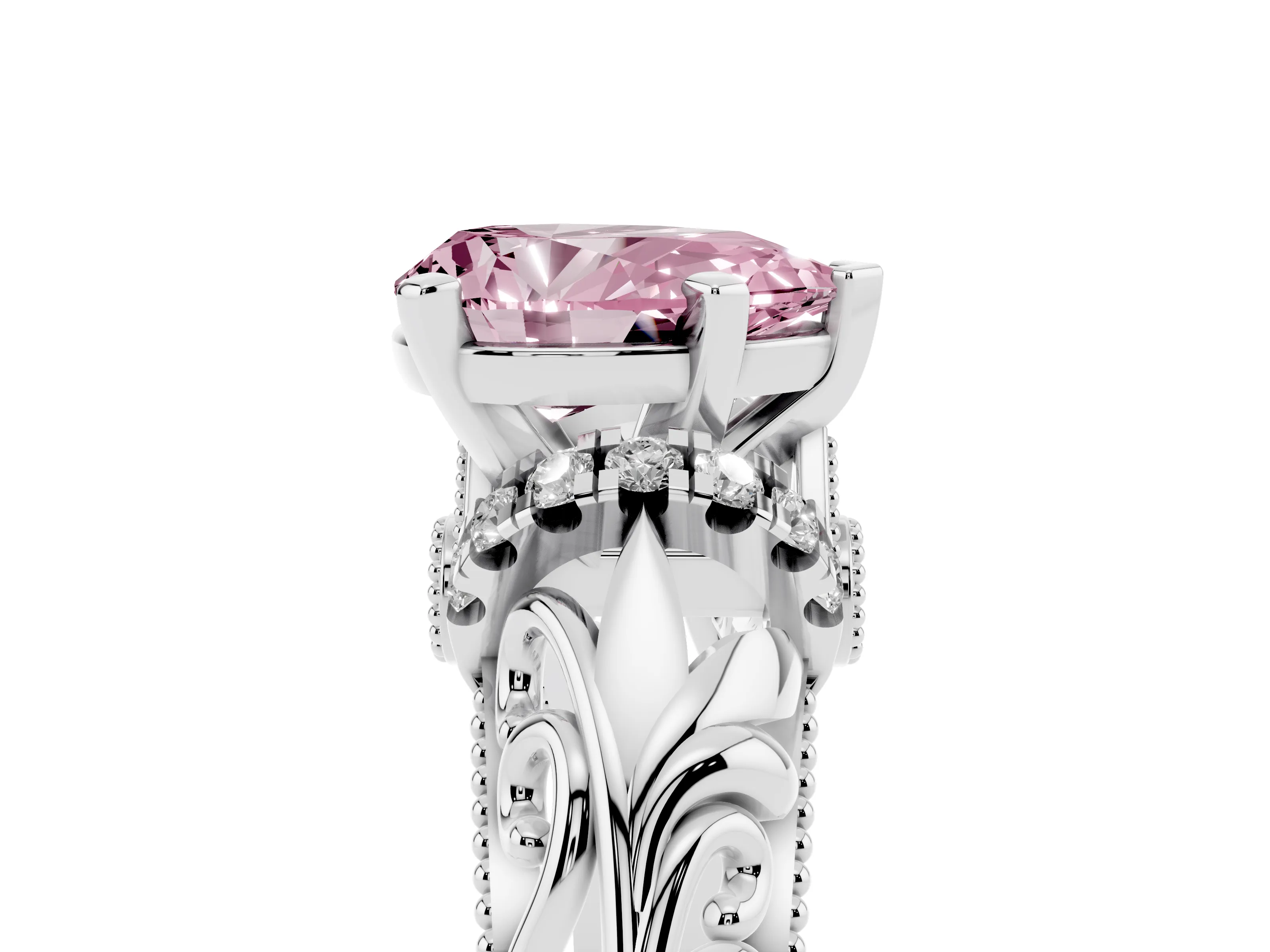 Fancy Pink Pear Cut Diamond Filigree Halo Engagement Ring Set in Silver with Prong Setting