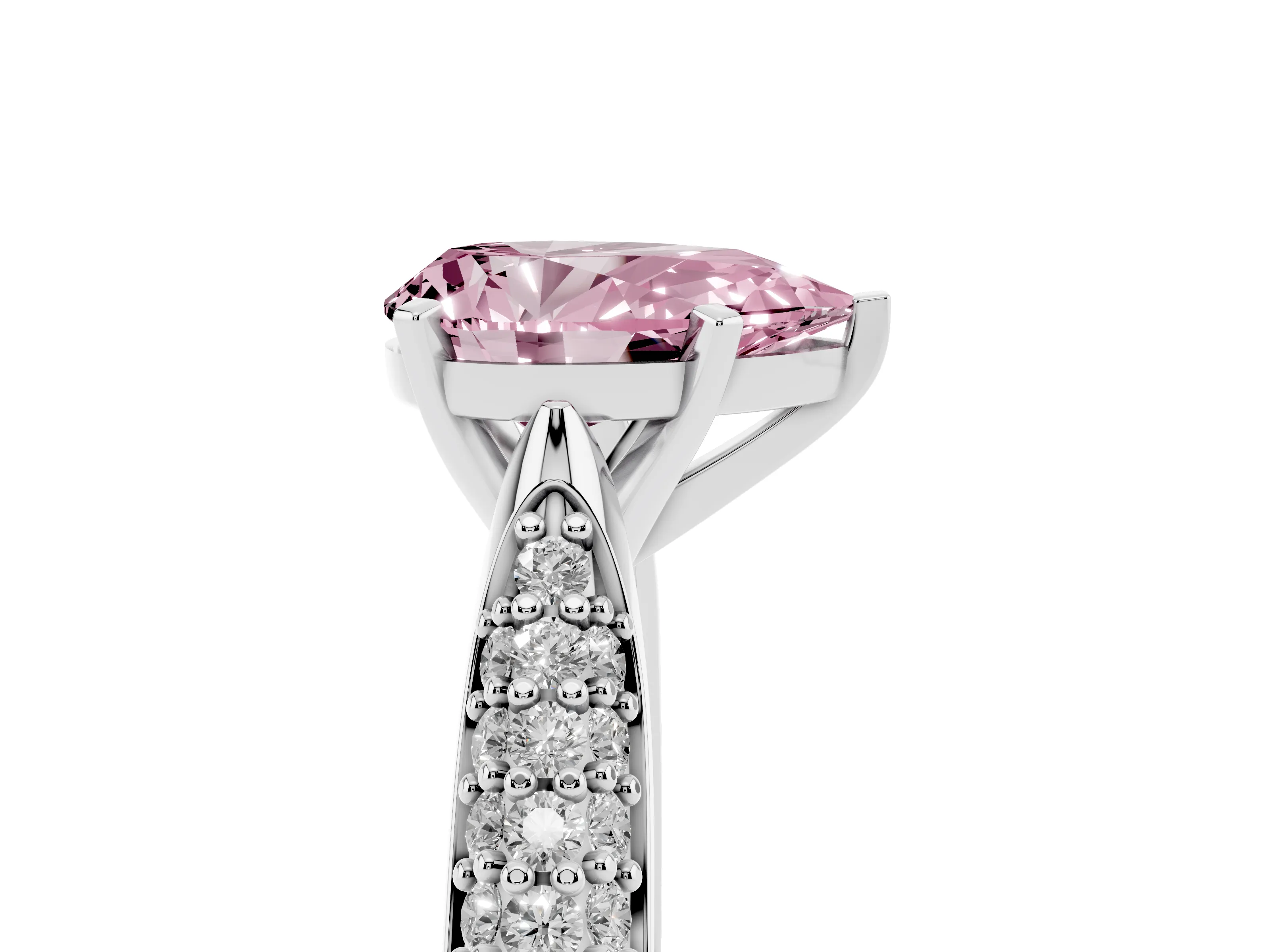 Fancy Pink Pear Cut Diamond Solitaire Engagement Ring Set in White gold with Multi-Row Round Pavé Band and Prong Setting