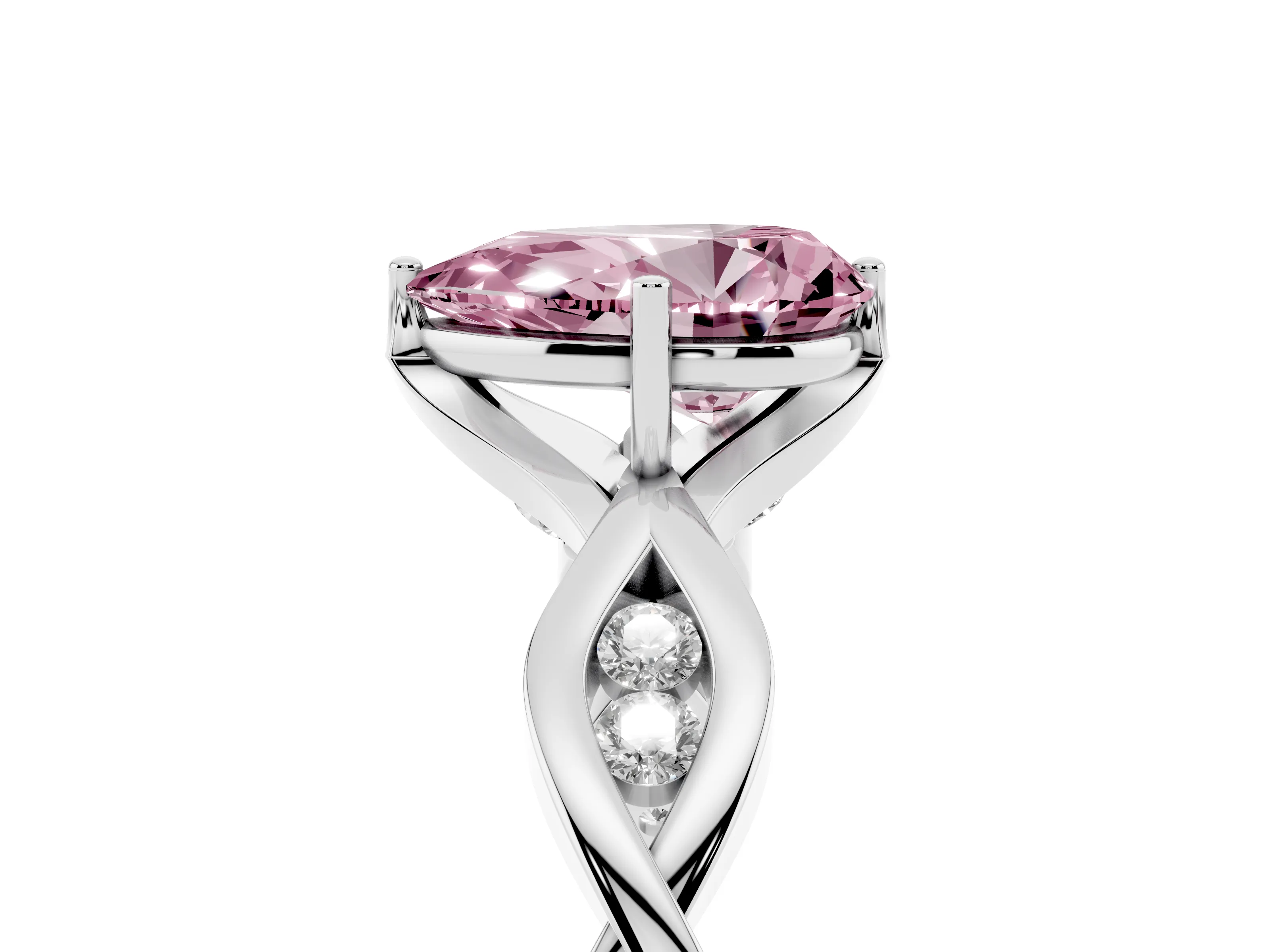 Fancy Pink Pear Cut Diamond Twist Band Solitaire Ring Set in Platinum with Leaf Prong Setting and Accent Stones