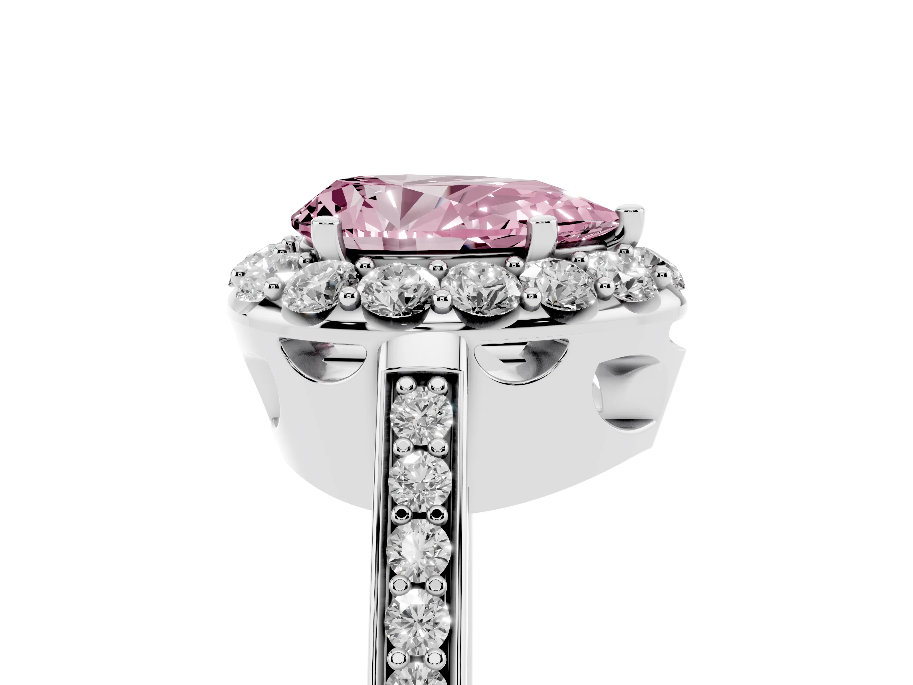 Fancy Pink Pear Cut Diamond Floral Halo Ring Set in Platinum with Pavé Band and Prong Setting