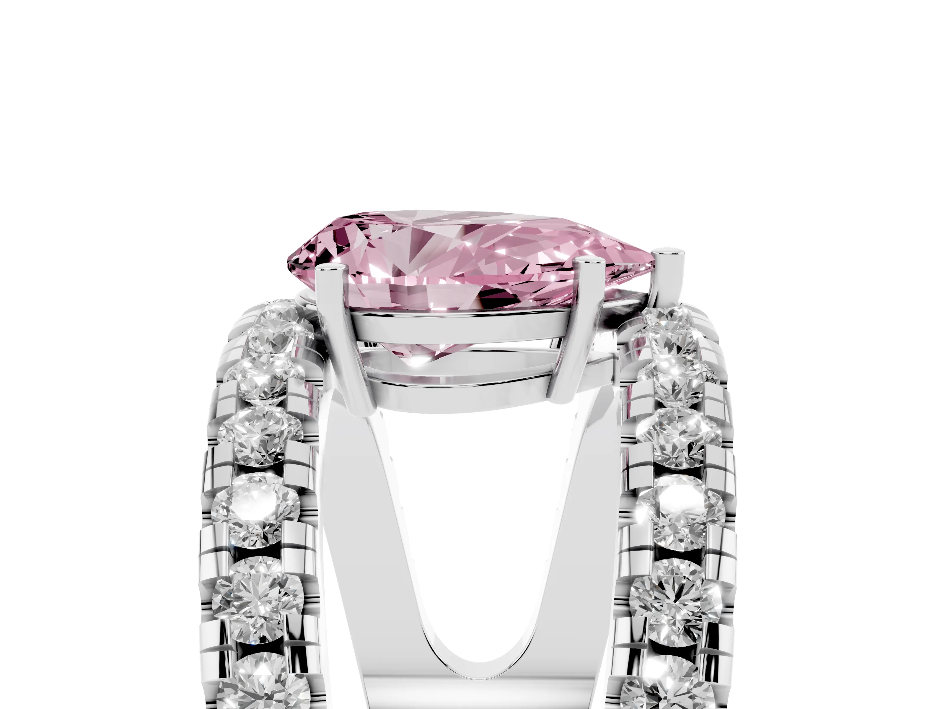 Fancy Pink Pear Cut Diamond Split Shank Pavé Solitaire Ring Set in Platinum with Open Shank Design