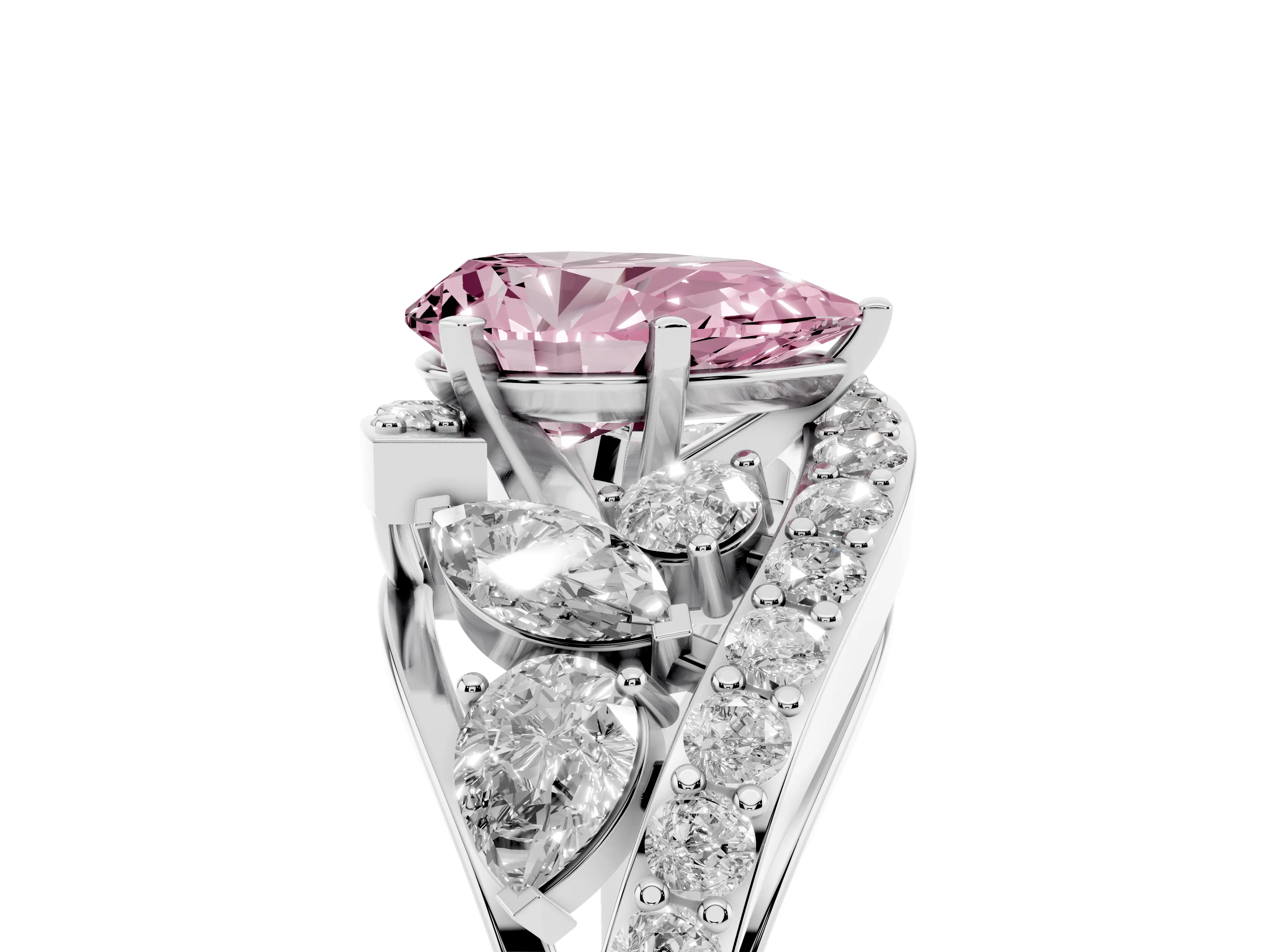 Fancy Pink Pear Cut Diamond Halo Ring Set in Platinum with Marquise and Pavé Band in Prong Setting
