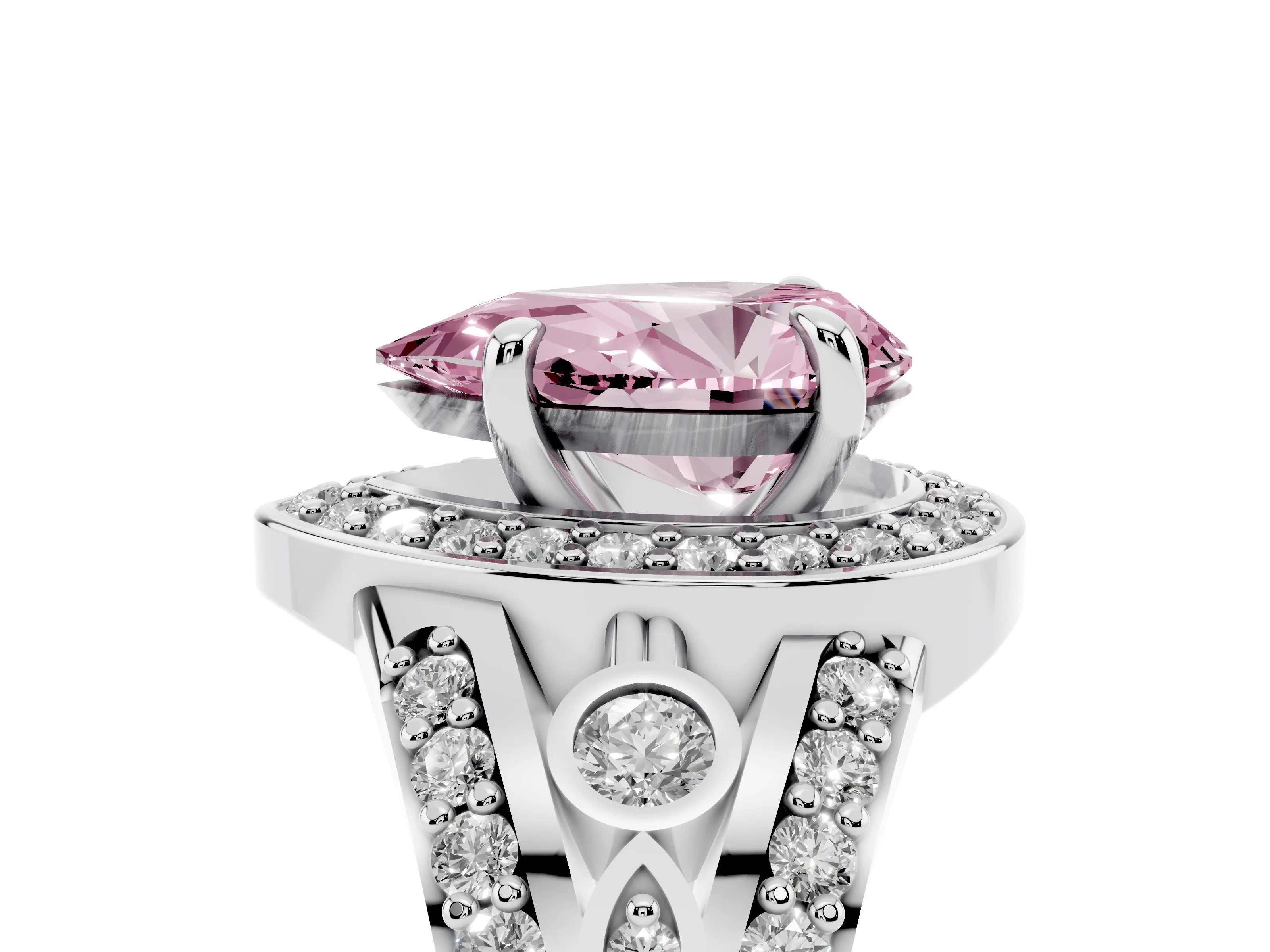 Fancy Pink Pear Cut Diamond Halo Ring Set in Silver with Pavé Split Shank and Bezel Accents