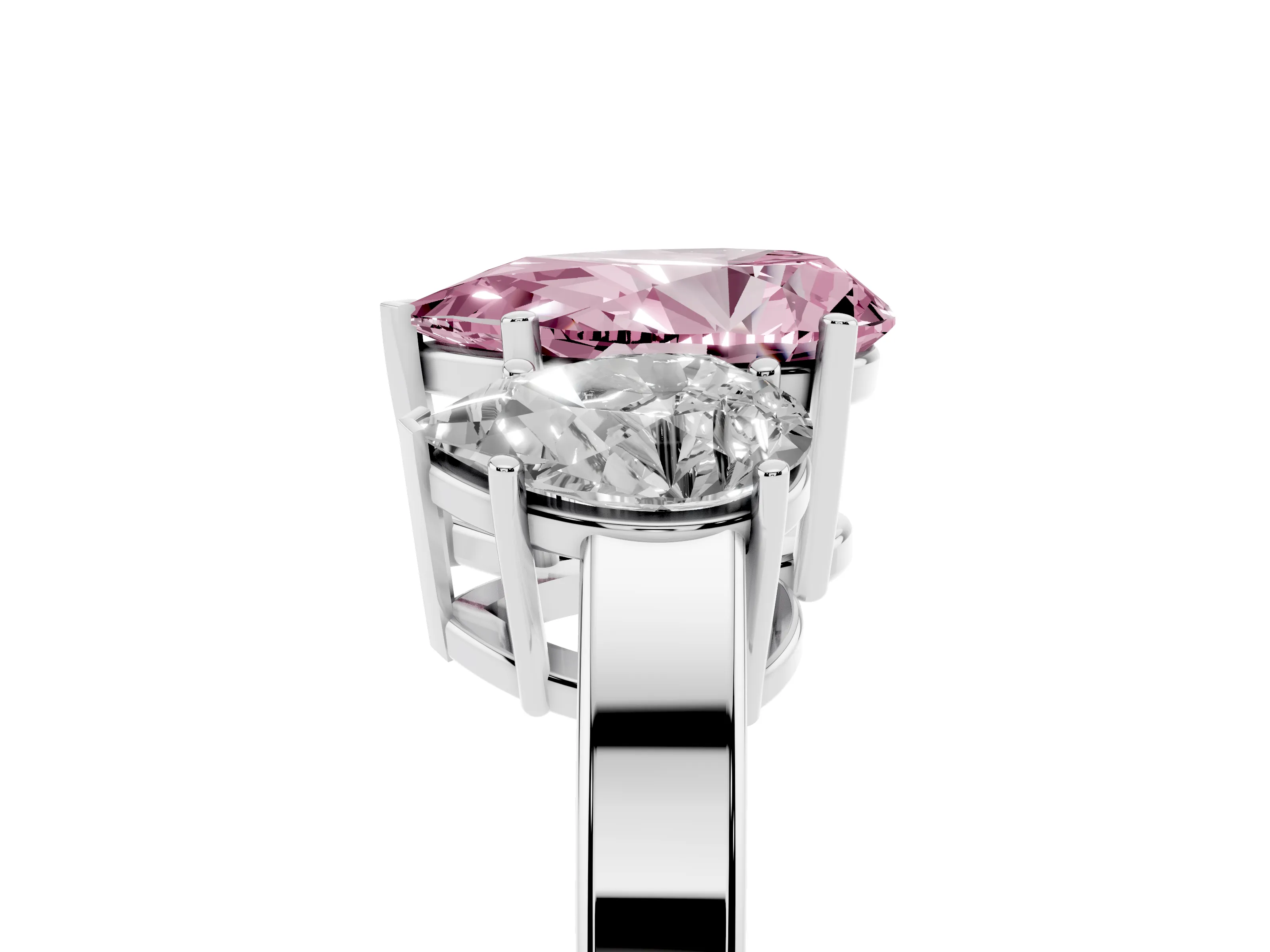 Fancy Pink Pear Cut Diamond Three-Stone Engagement Ring Set in Silver with Flat Band