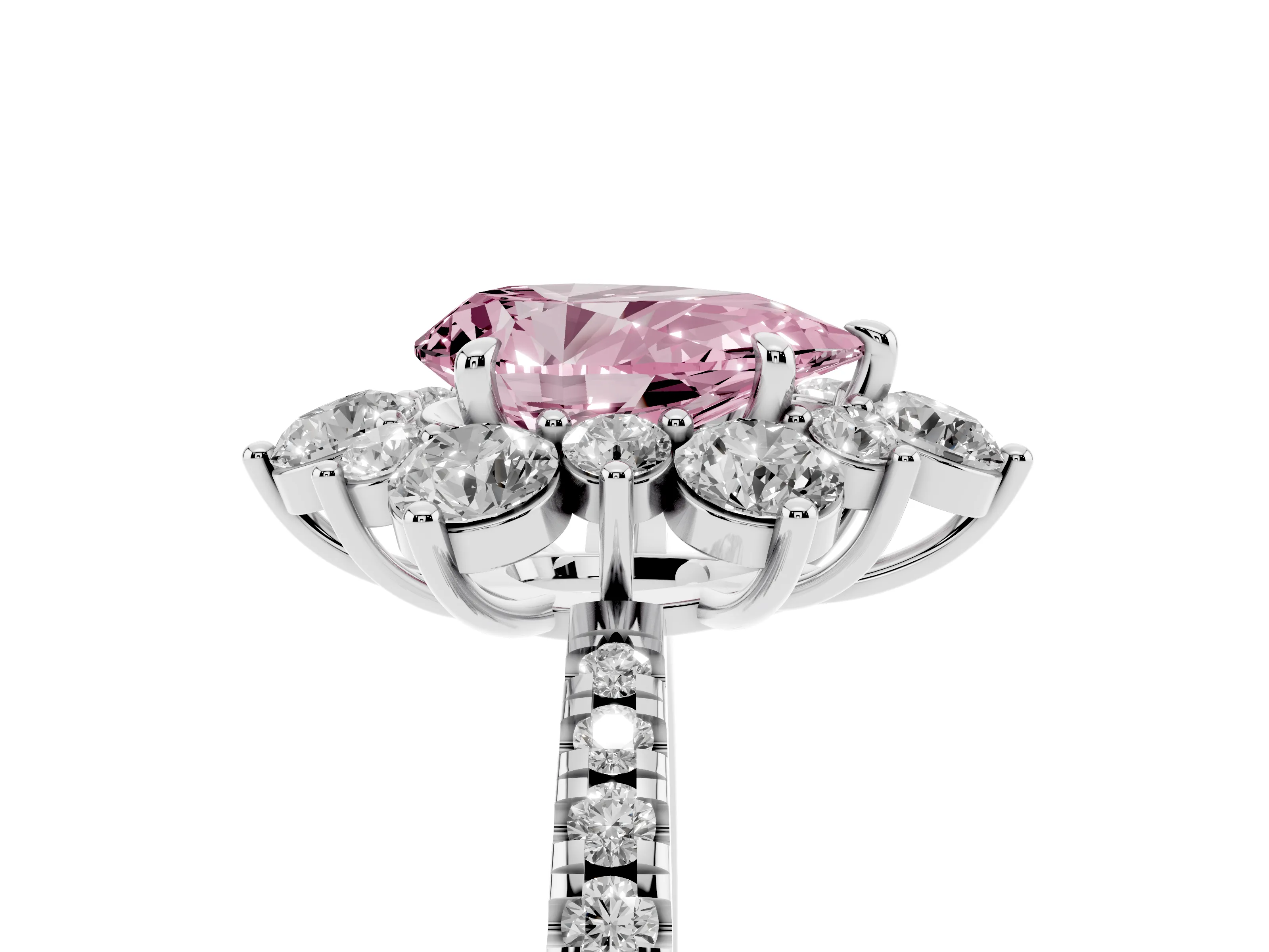 Fancy Pink Pear Cut Diamond Floral Halo Ring Set in White gold with Round Pavé Band and Prong Setting