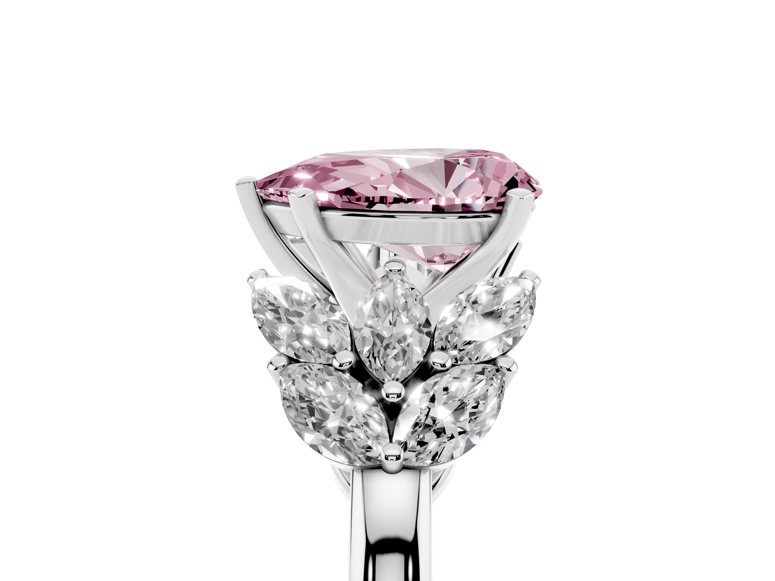 Fancy Pink Pear Cut Diamond Cluster Leaf Design Ring Set in Silver with Prong Setting