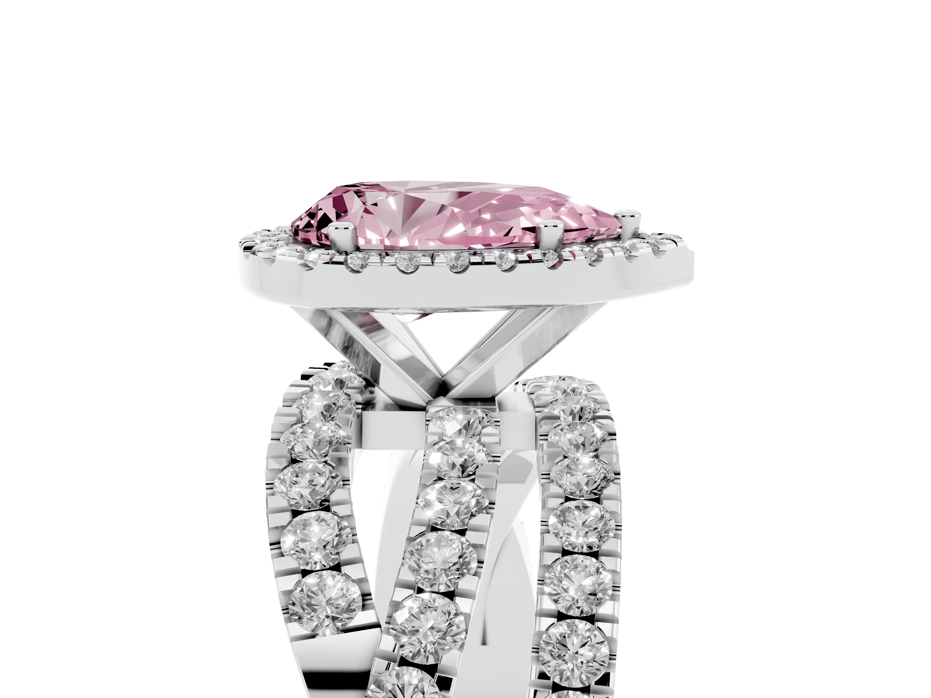 Fancy Pink Pear Cut Diamond Halo Ring Set in Platinum with Round Crossover Split Shank and Prong Setting