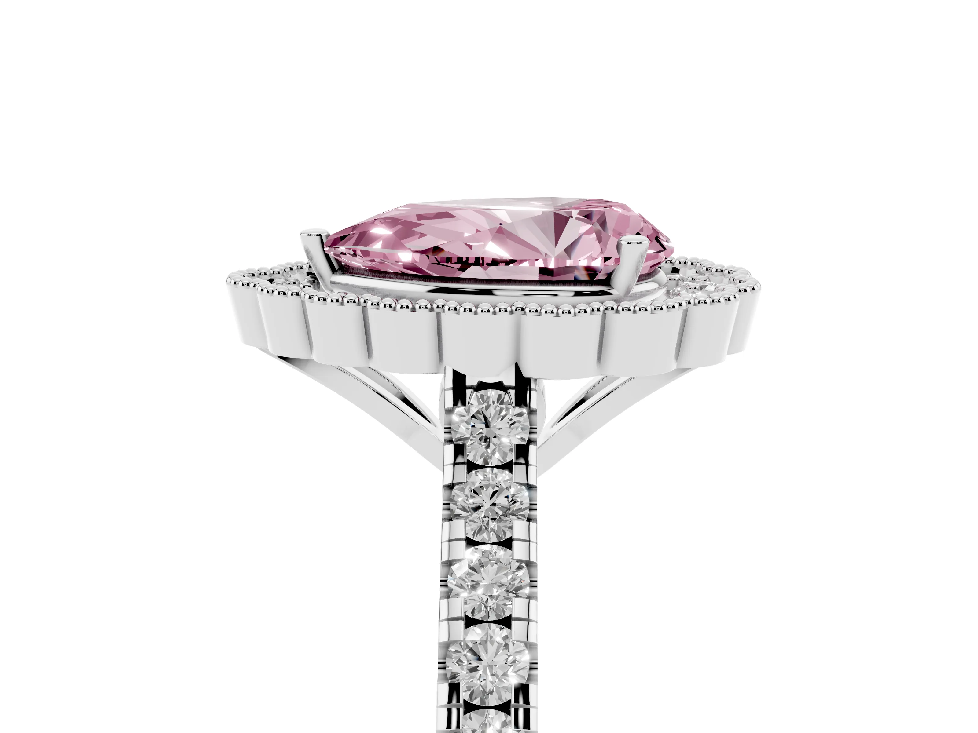 Fancy Pink Pear Cut Diamond Milgrain Floral Halo Engagement Ring Set in Silver with Pavé Band