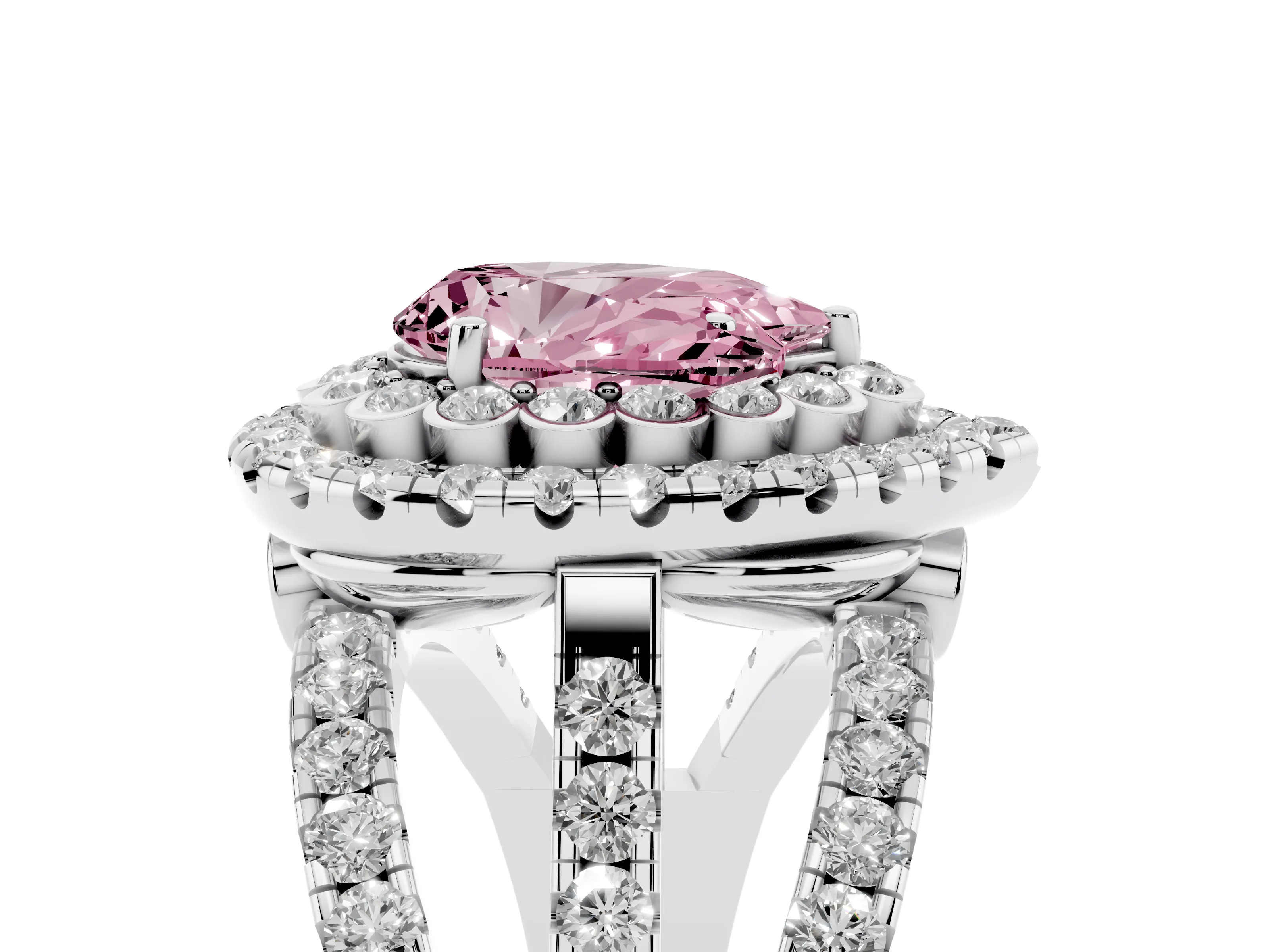 Fancy Pink Pear Cut Diamond Double Halo Ring Set in Silver with Round Pavé Split Shank