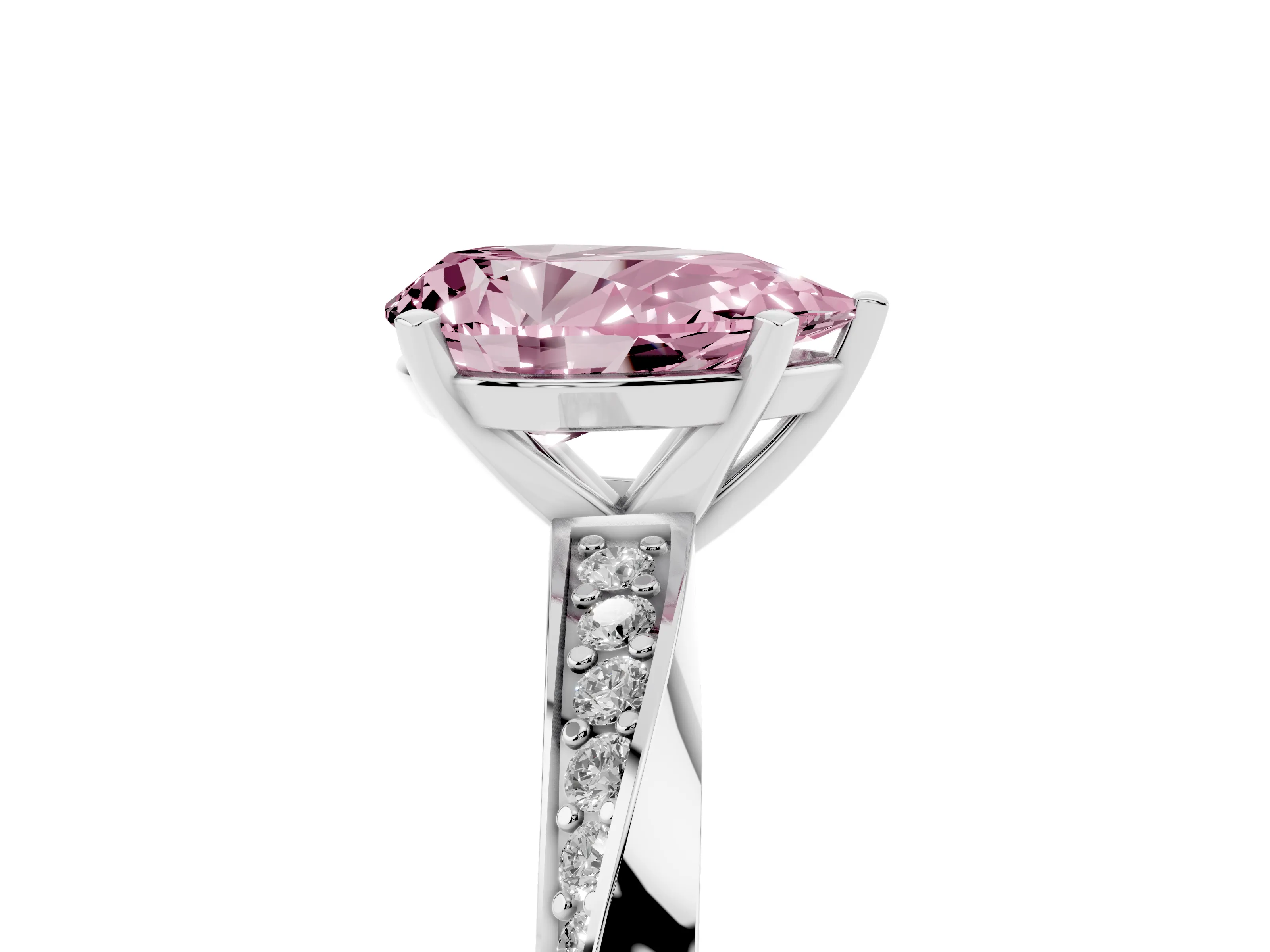 Fancy Pink Pear Cut Diamond Engagement Ring Set in Silver with Side Stone Accents and Prong Setting