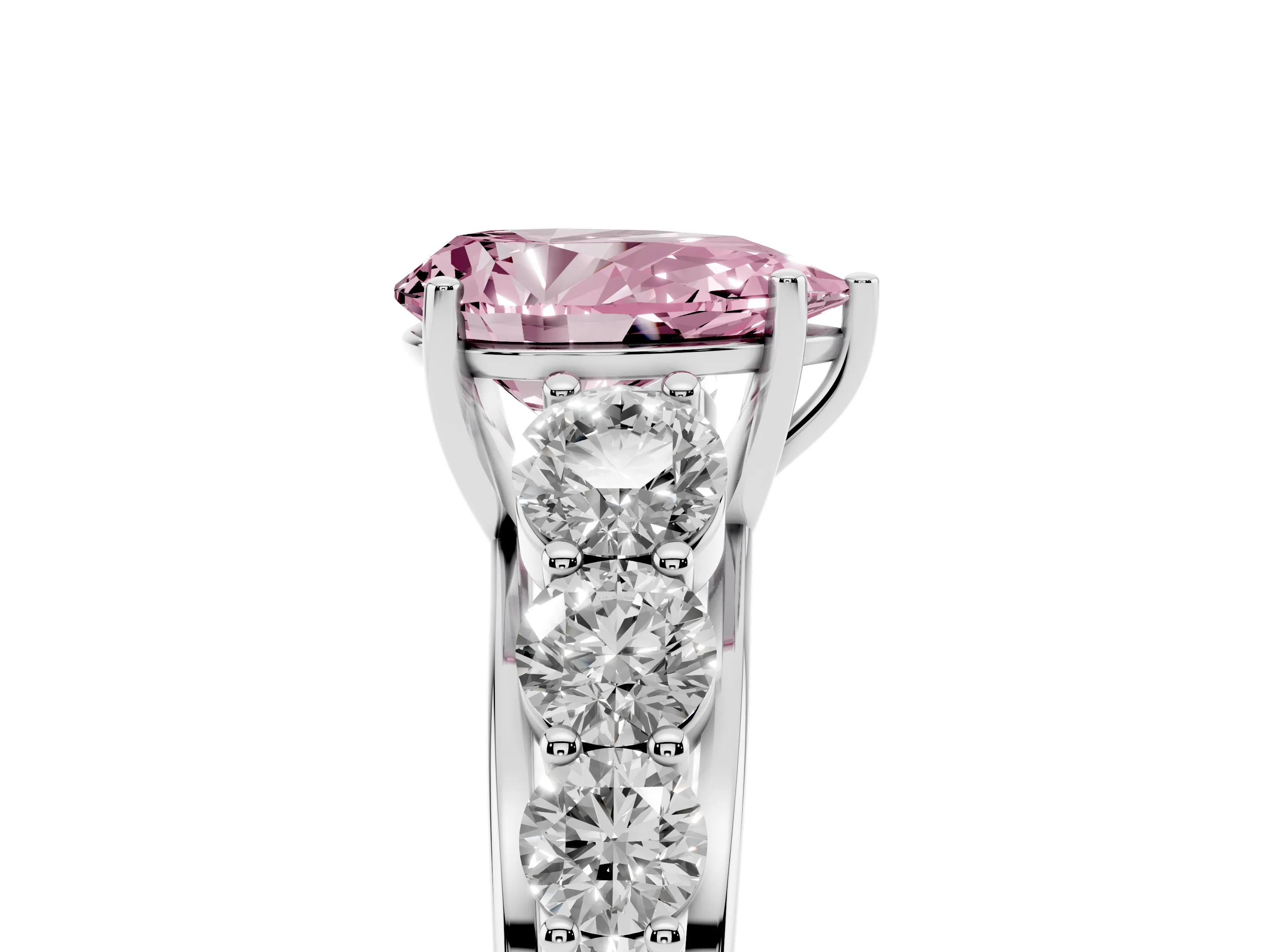 Fancy Pink Pear Cut Diamond Solitaire Ring Set in Silver with Pavé-Set Band and Prong Setting