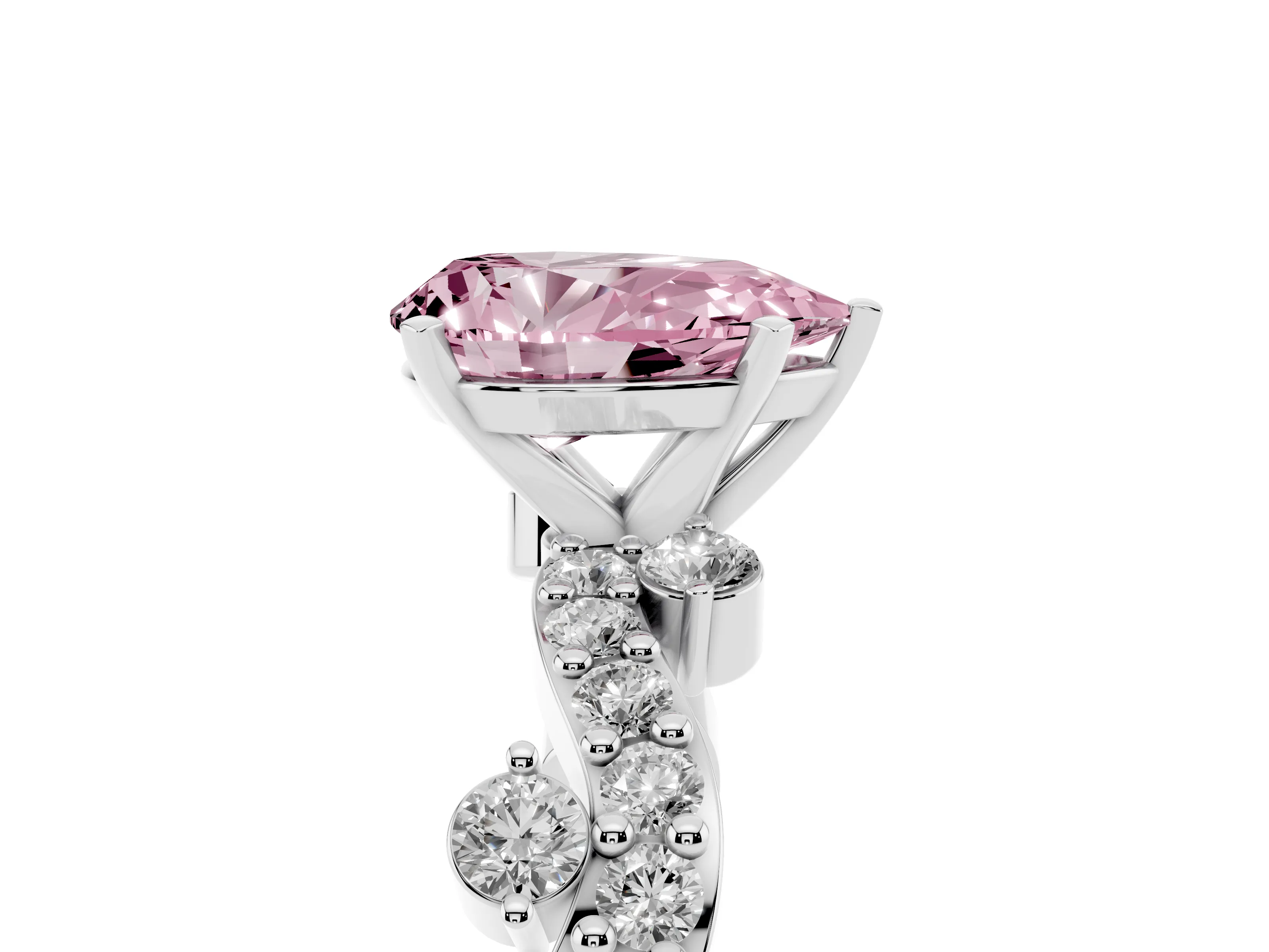 Fancy Pink Pear Cut Diamond Solitaire Twisted Band Set in White gold with Pavé Setting