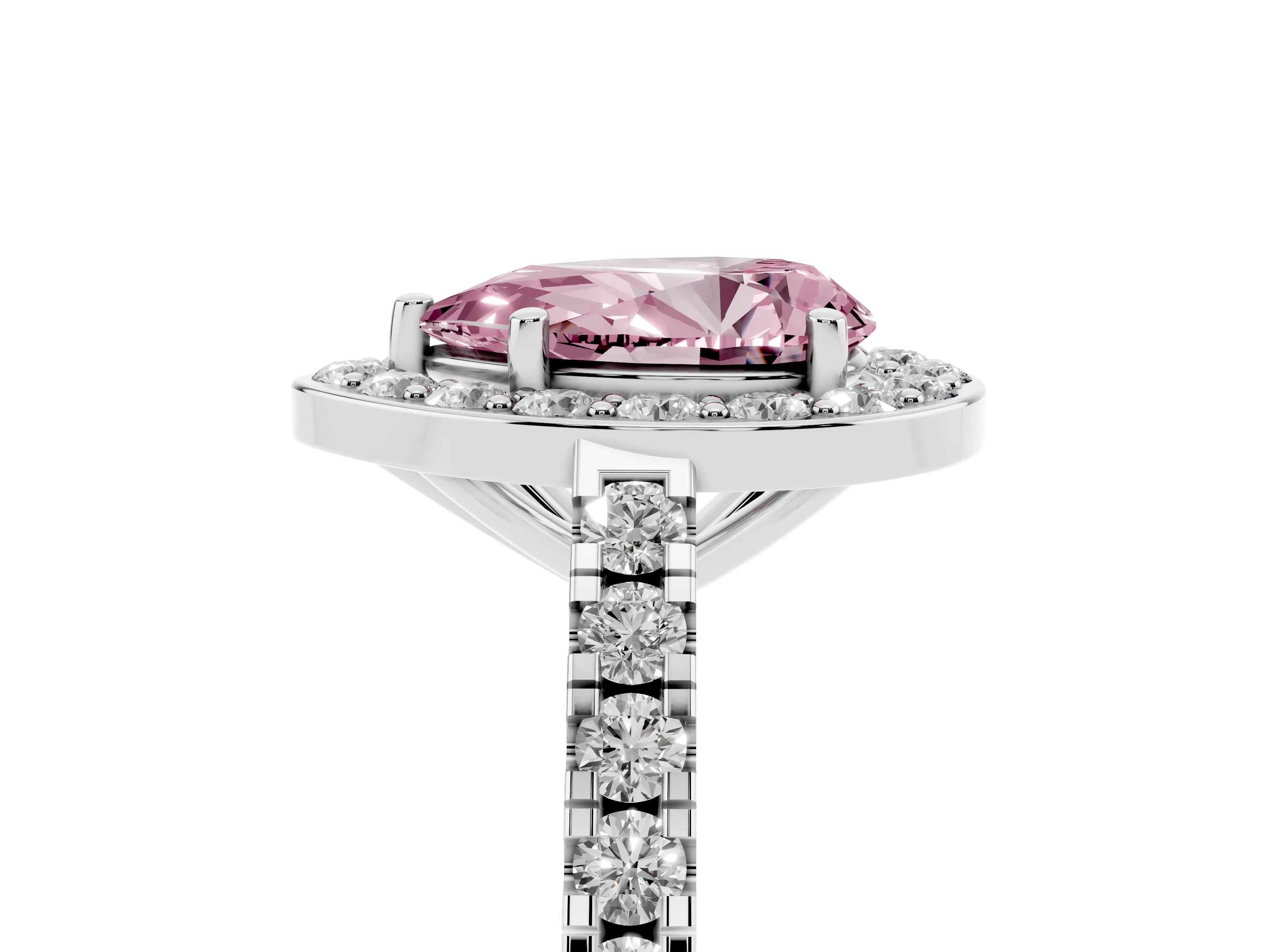 Fancy Pink Pear Cut Diamond Halo Ring Set in Silver with Round Pavé Split Shank and Prong Setting