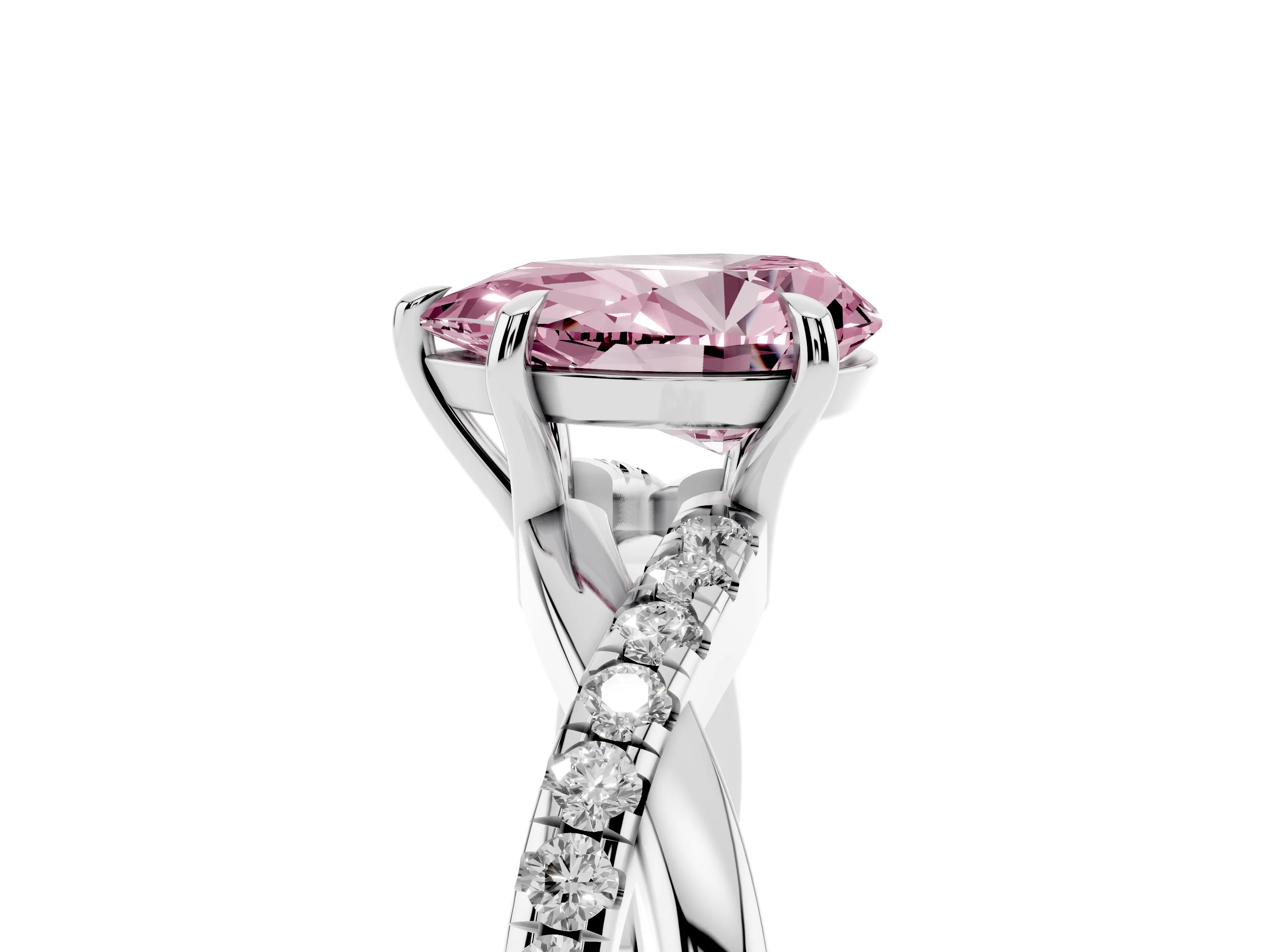 Fancy Pink Pear Cut Diamond Twisted Pavé Band Ring Set in Silver with Prong Setting