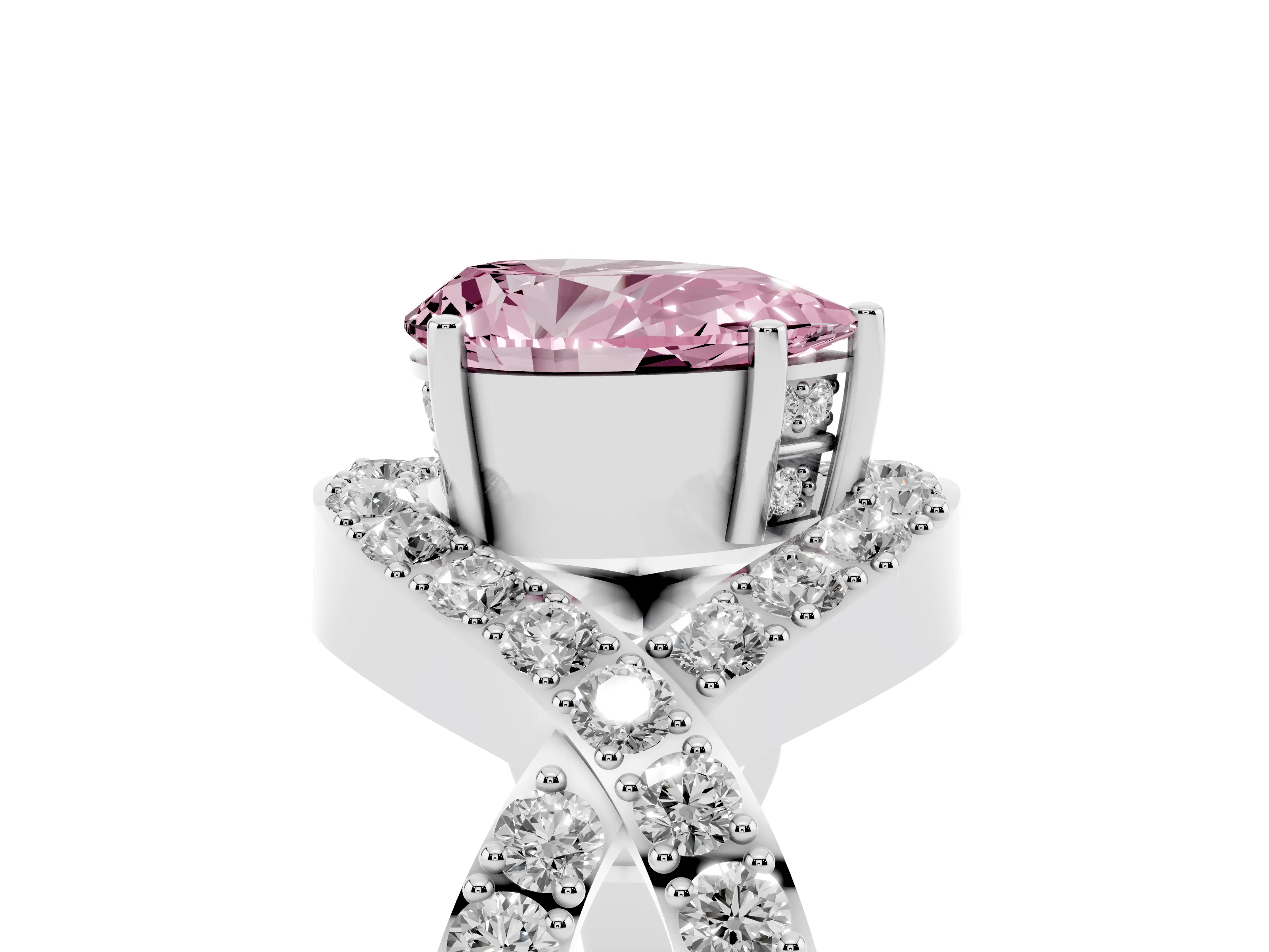 Fancy Pink Pear Cut Diamond Solitaire Twist Band Pavé Engagement Ring Set in Silver