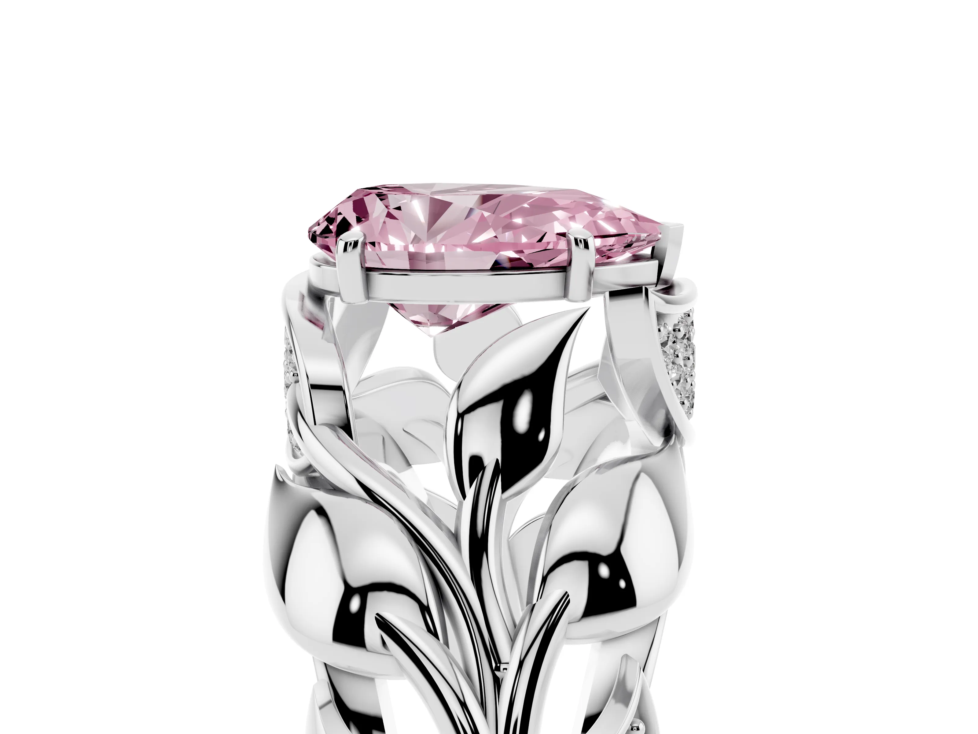 Fancy Pink Pear Cut Diamond Leaf-Inspired Engagement Ring Set in Silver with Round Accents