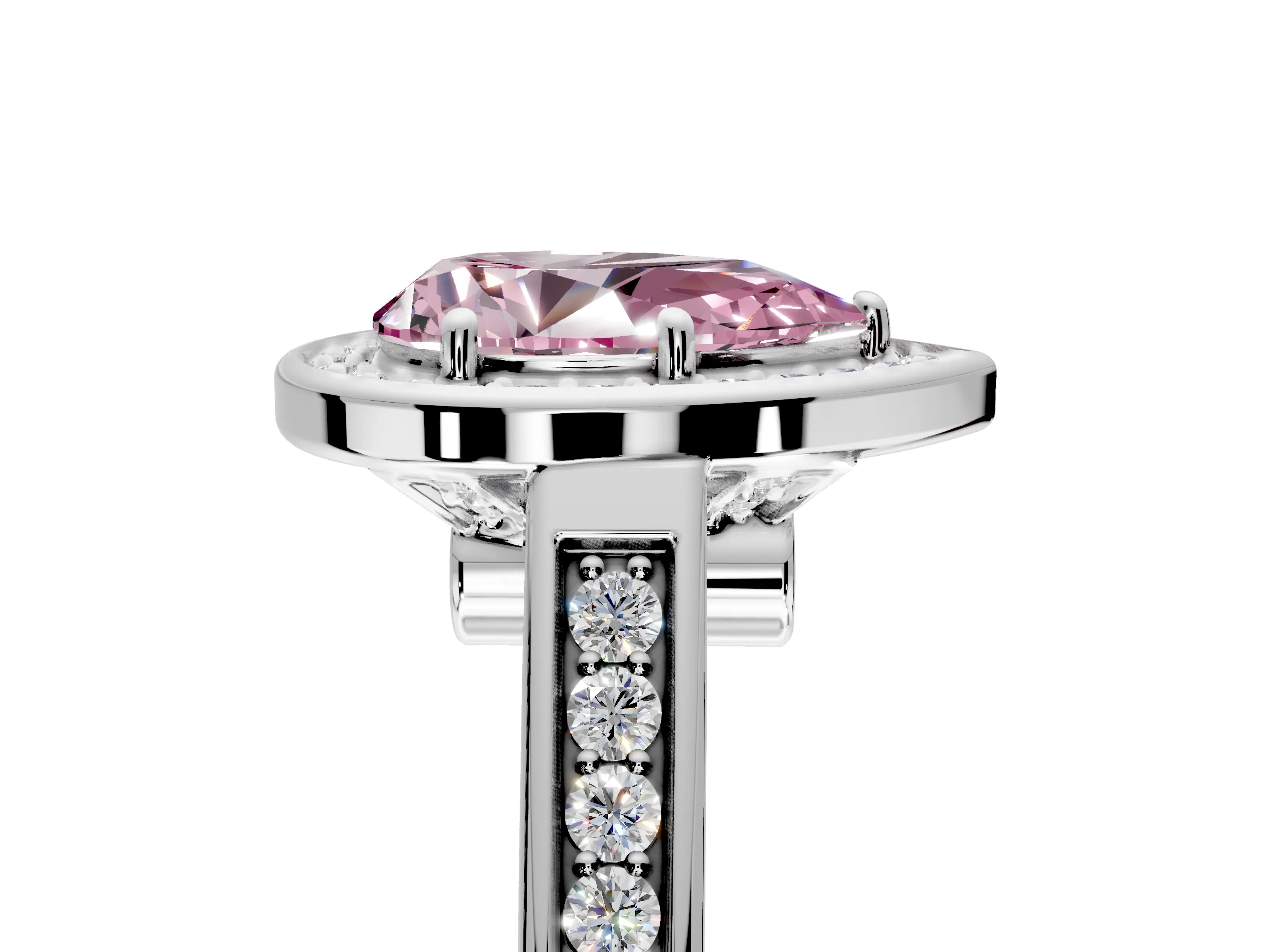 Halo Engagement Ring Setting for Fancy Pink Pear-Shaped Center with Outer Bezel Rim, Pave Band and Prong Head in White Gold