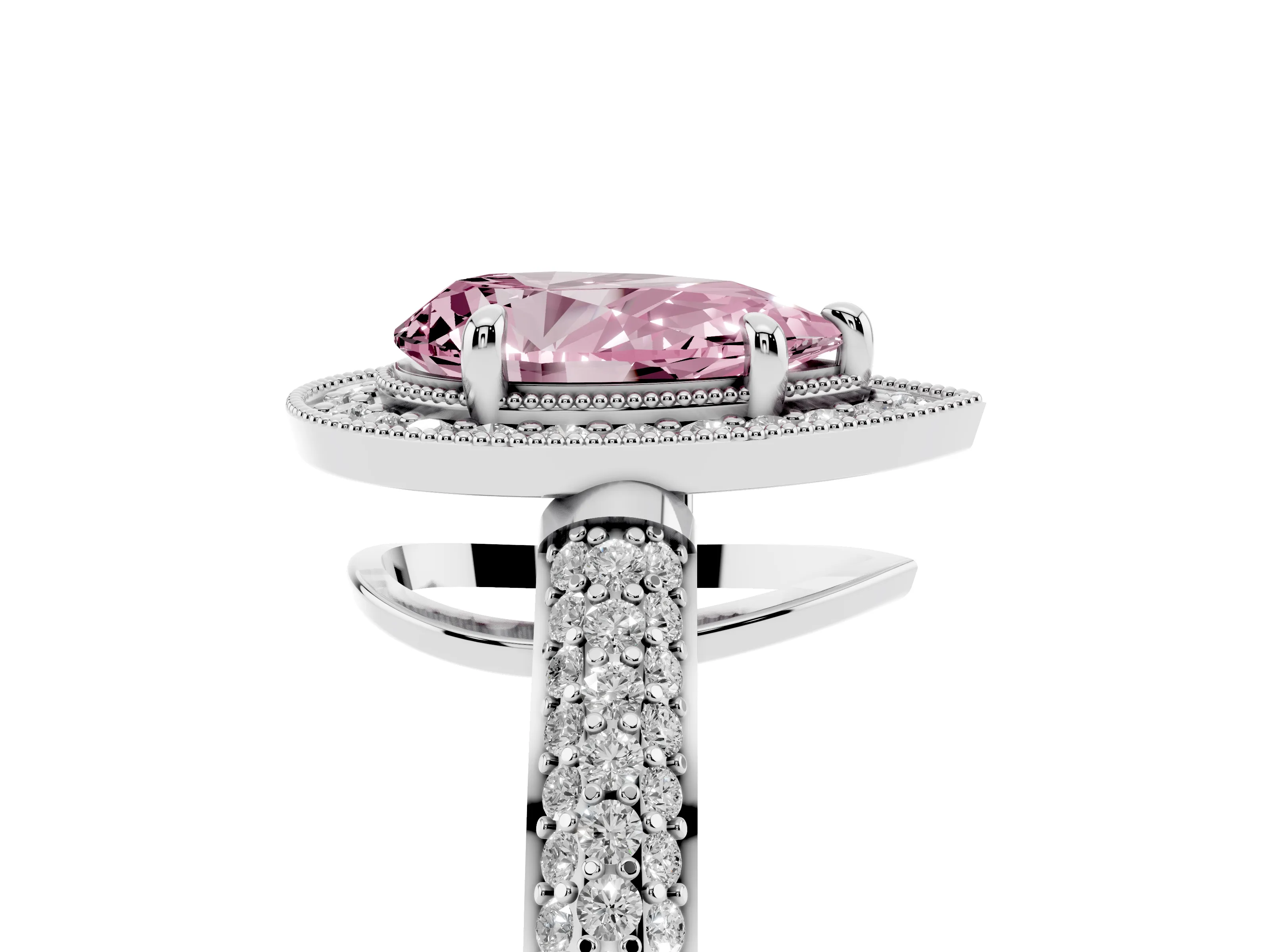 Fancy Pink Pear Cut Diamond Halo Pavé Band Set in White gold with Prong Setting