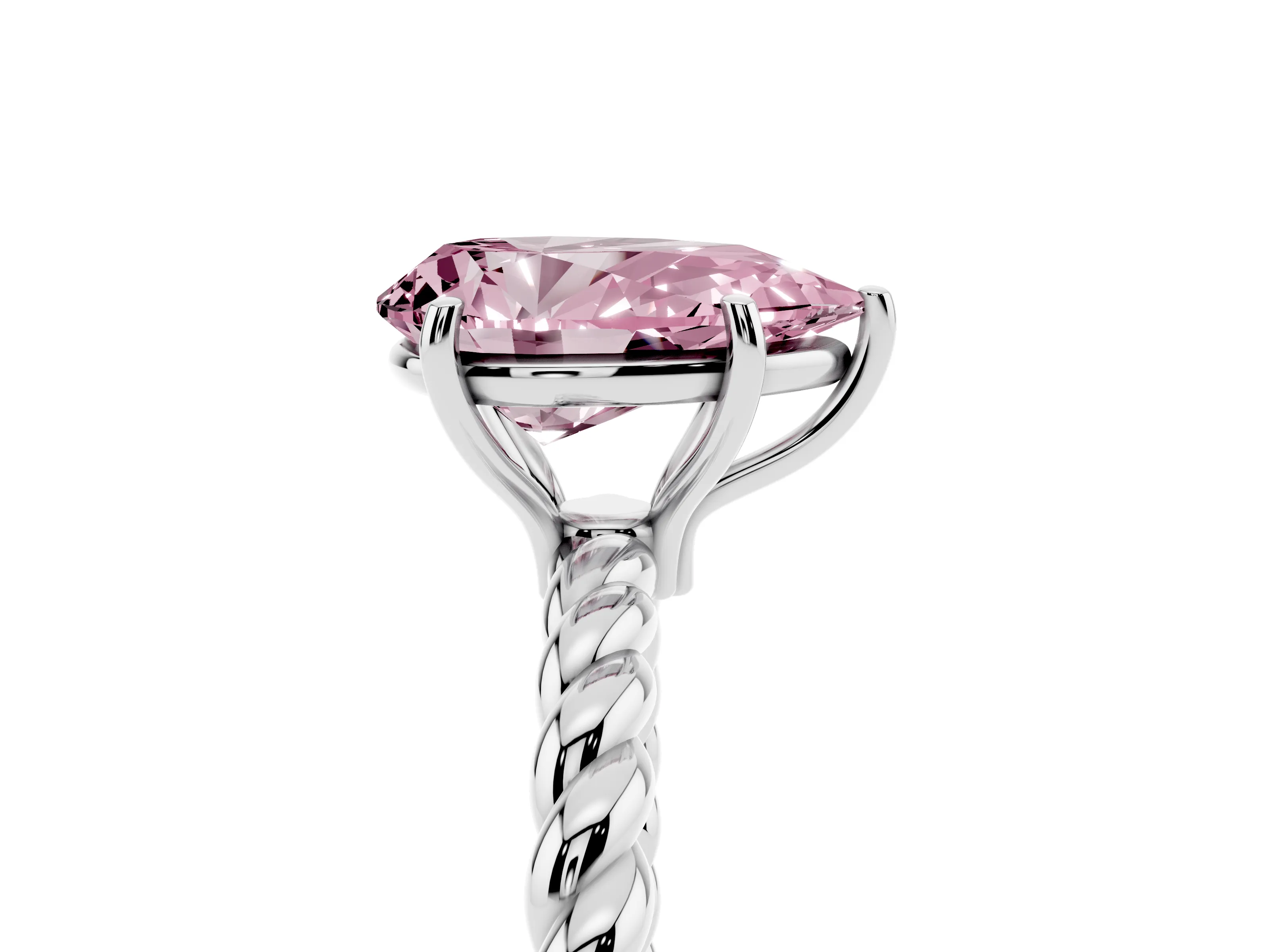 Fancy Pink Pear Cut Diamond Solitaire Ring Set in Platinum with Twist Band and Prong Setting