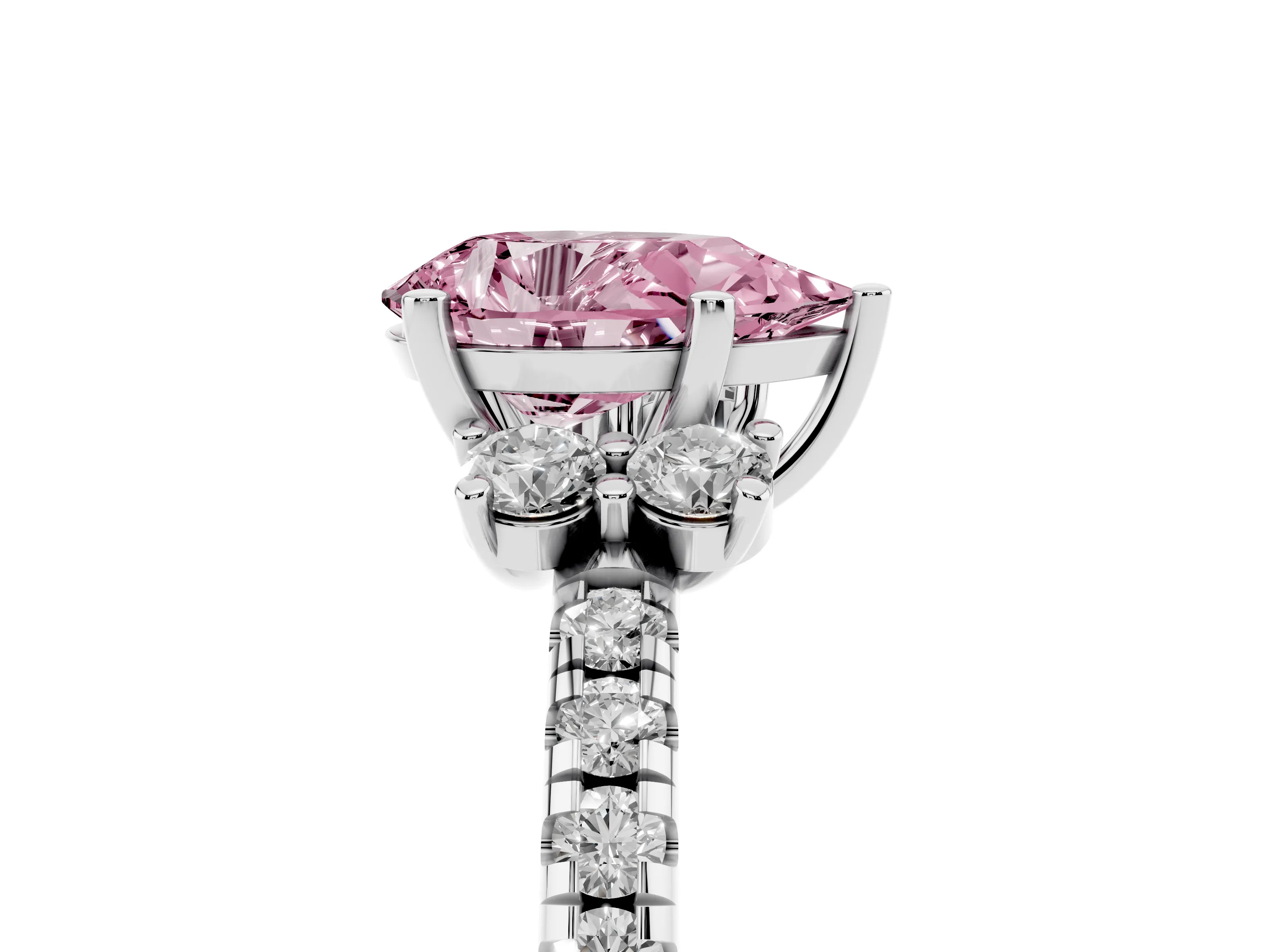 Fancy Pink Pear Cut Diamond Three-Stone Pavé Ring Set in Platinum with Prong Setting