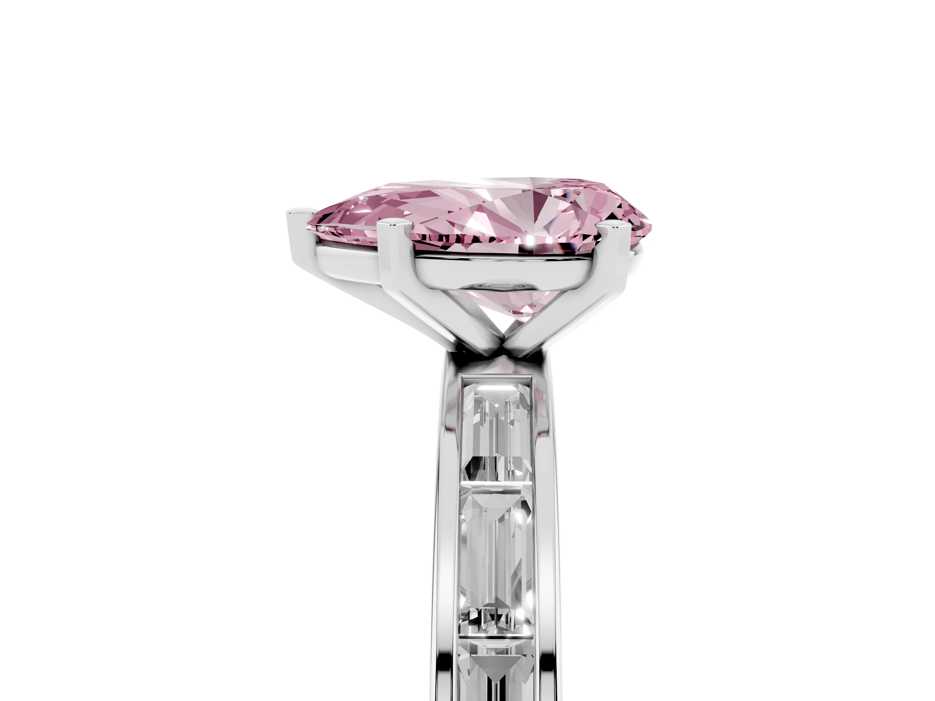 Fancy Pink Pear Cut Diamond Solitaire Ring Set in Silver with Channel-Set Baguette Band and Prong Setting