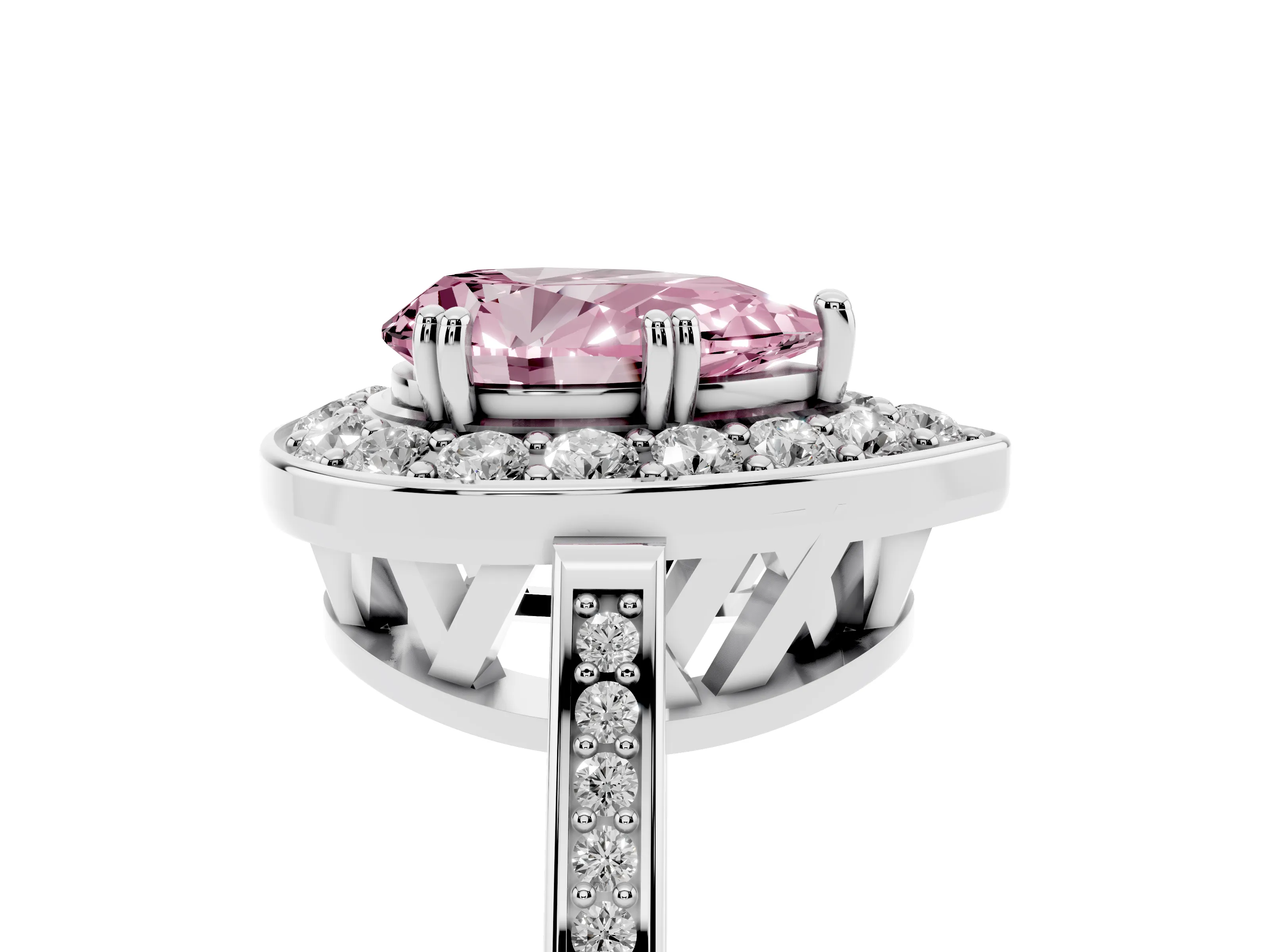 Fancy Pink Pear Cut Diamond Halo Ring Set in Platinum with Accent-Lined Split Shank and Prong Setting