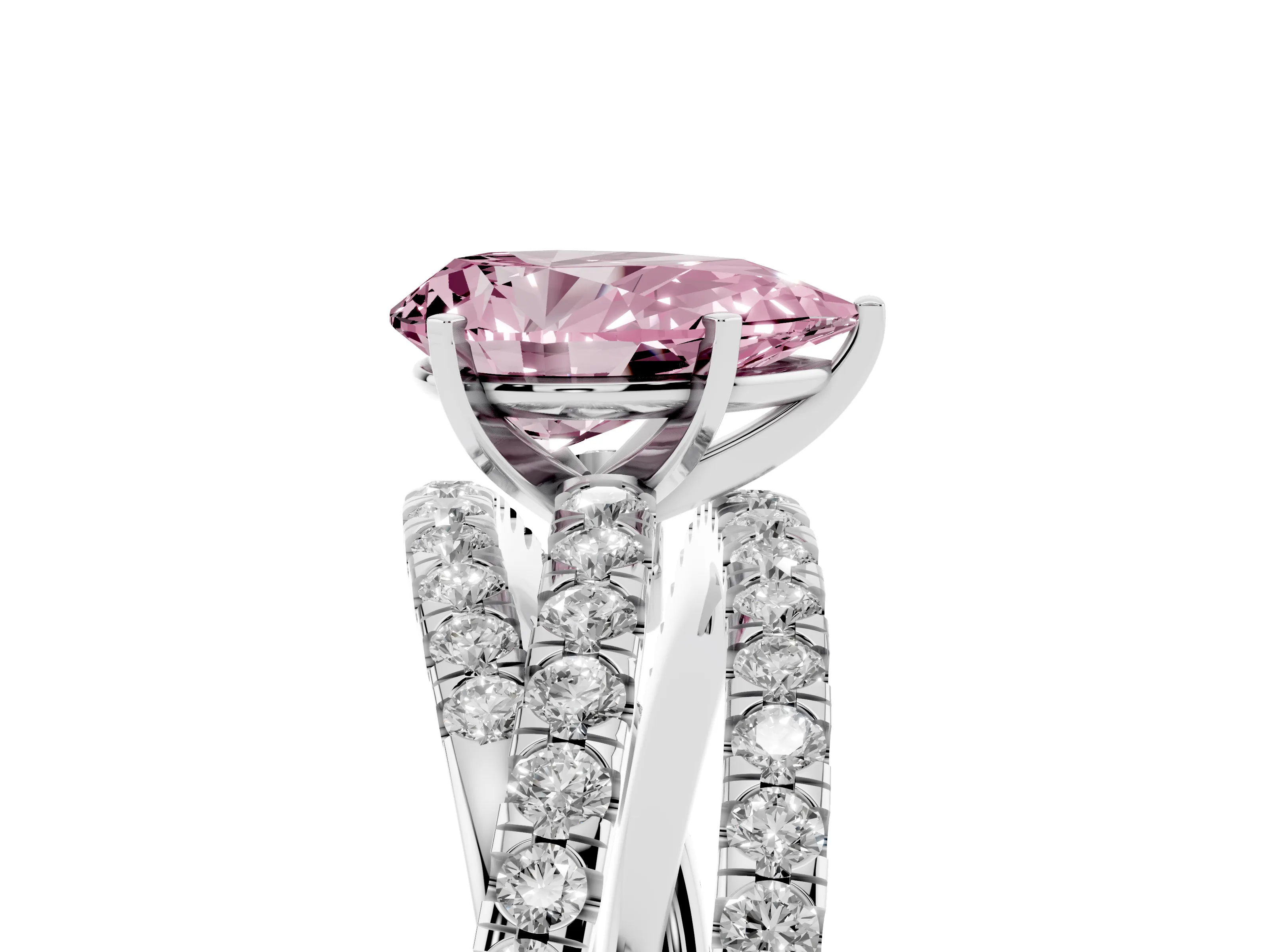 Fancy Pink Pear Cut Diamond Solitaire Twist Band Ring Set in Platinum with Pavé Setting and Prong Head