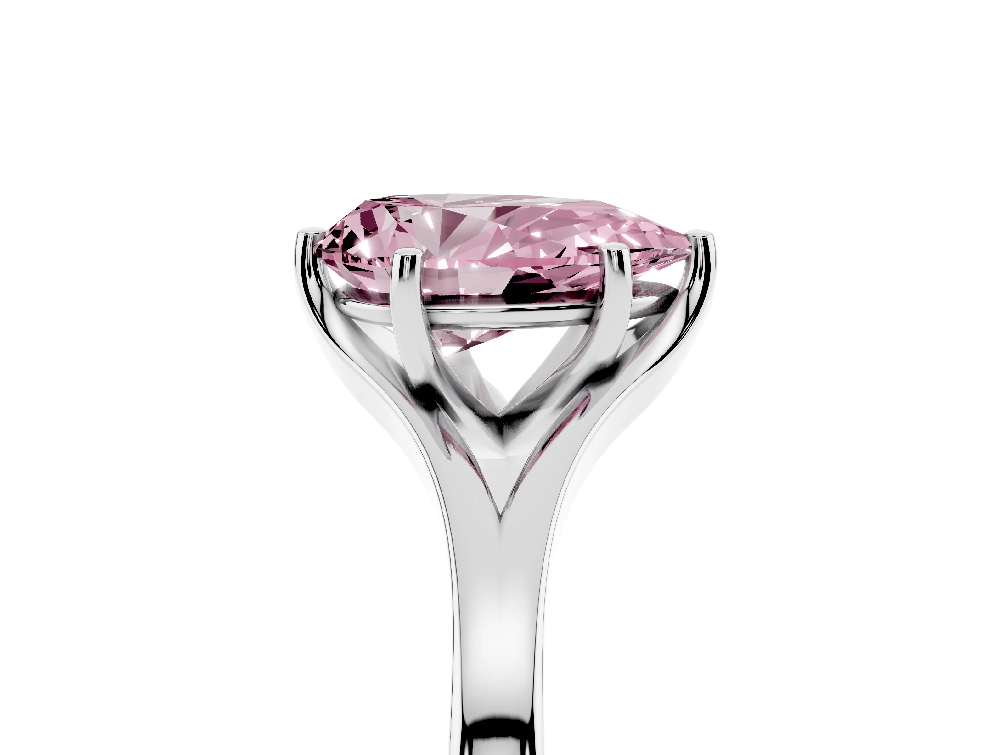 Fancy Pink Pear Cut Diamond Solitaire Ring Set in Silver with Polished Tapered Band and Prong Setting