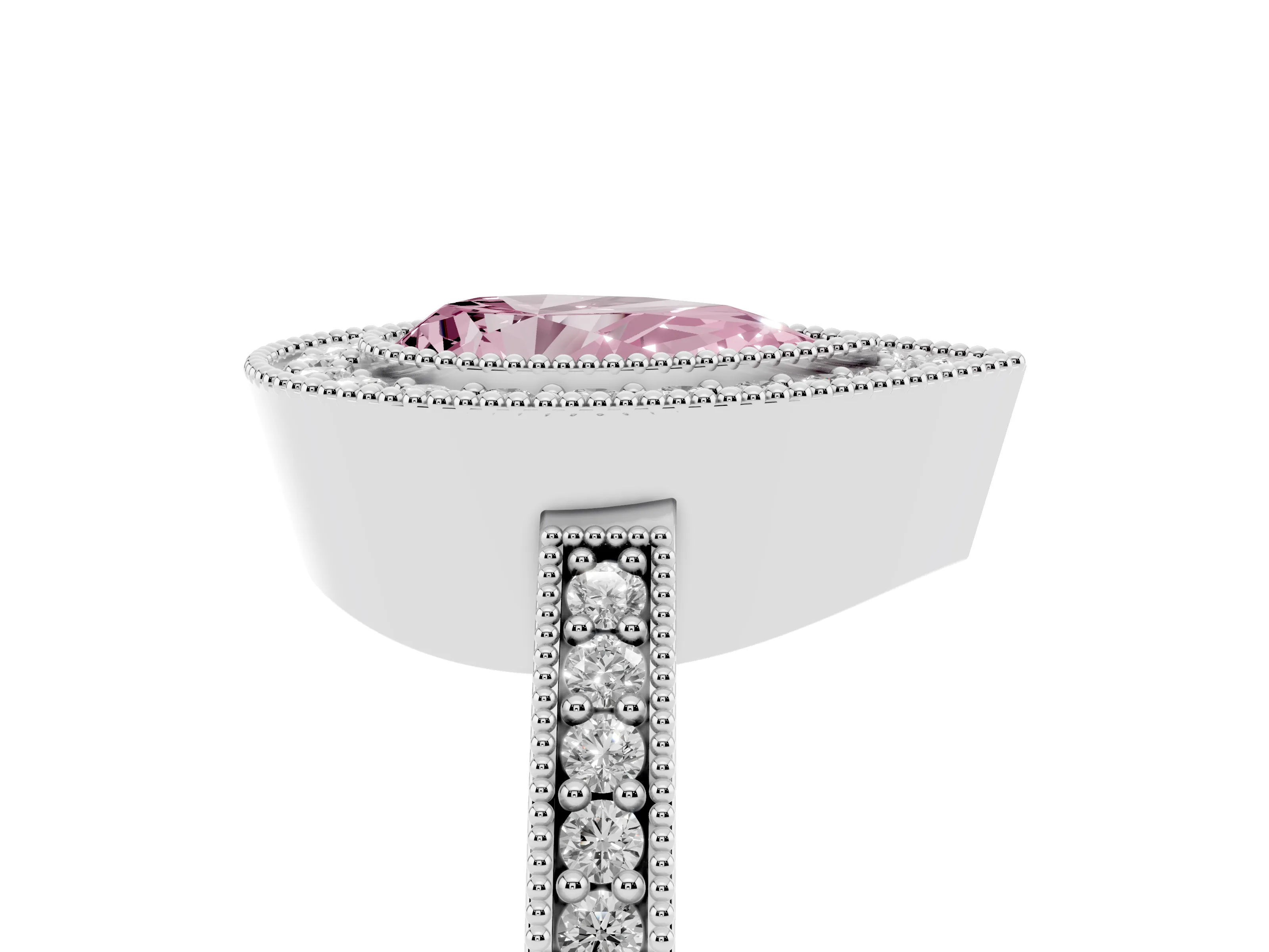 Fancy Pink Pear Cut Diamond Halo Engagement Ring Set in White gold with Pavé Band and Round Halo Stones